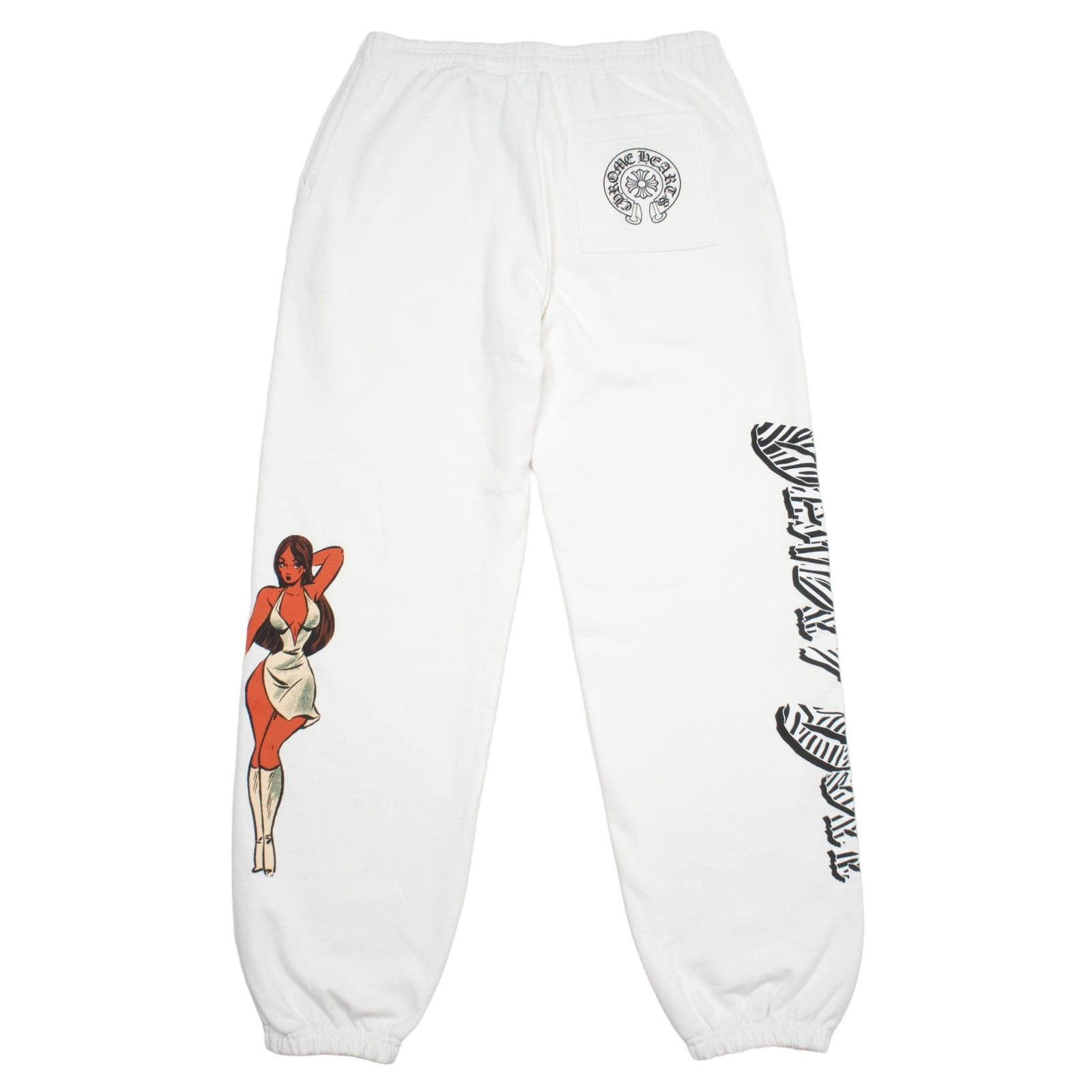 image of Chrome Hearts Deadly Doll Logo Sweatpants White, Men's (Size 34)