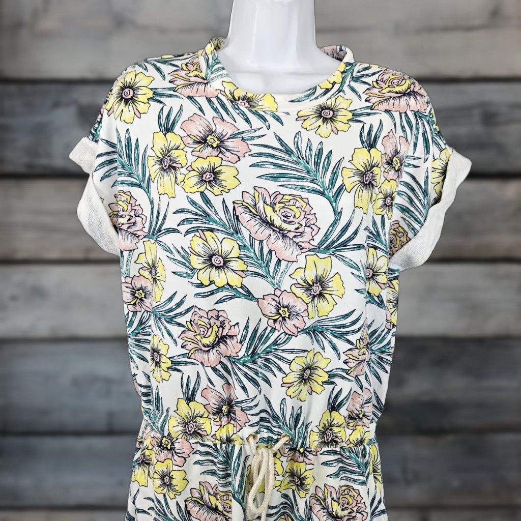 Lou & Grey Lou & Grey Womens Dress Sz Small Pink Yellow Floral Pockets Drawstring Waist Short Sleeve Round Neck Pullover Cotton Blend Shift Vintage No Size S / US 4 / IT 40 - 1 Thumbnail