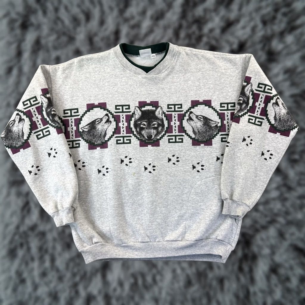 Vintage VINTAGE Art Unlimited Sweatshirt Men’s 2XL Gray Aztec Wolves 90s Long Sleeve USA Size US XXL / EU 58 / 5 - 1 Thumbnail