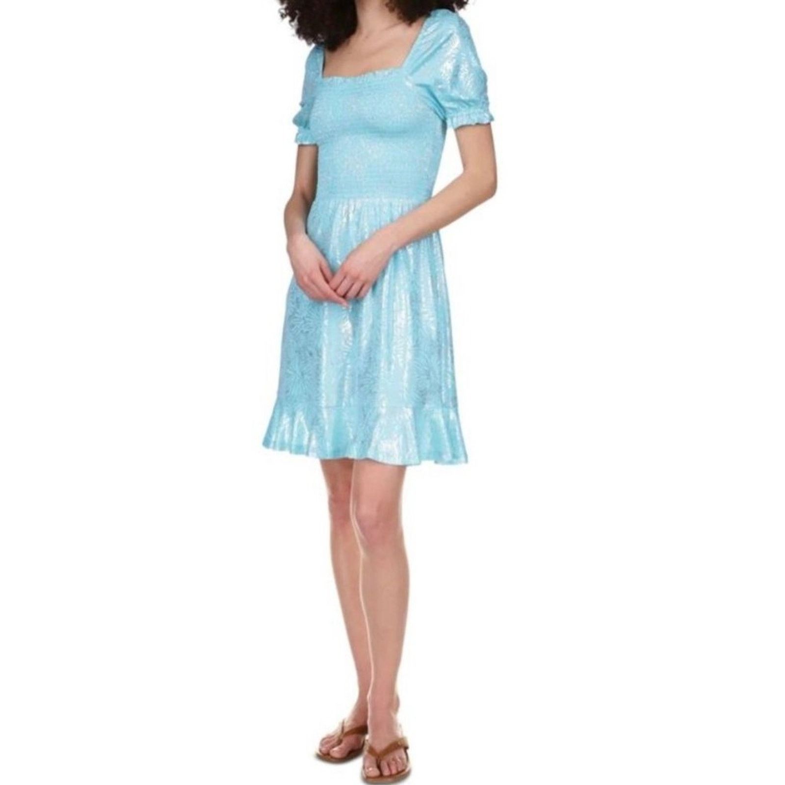 Michael Kors Michael Kors Smocked Peasant Dress Foil Print Turquoises Size S / US 4 / IT 40 - 1 Thumbnail