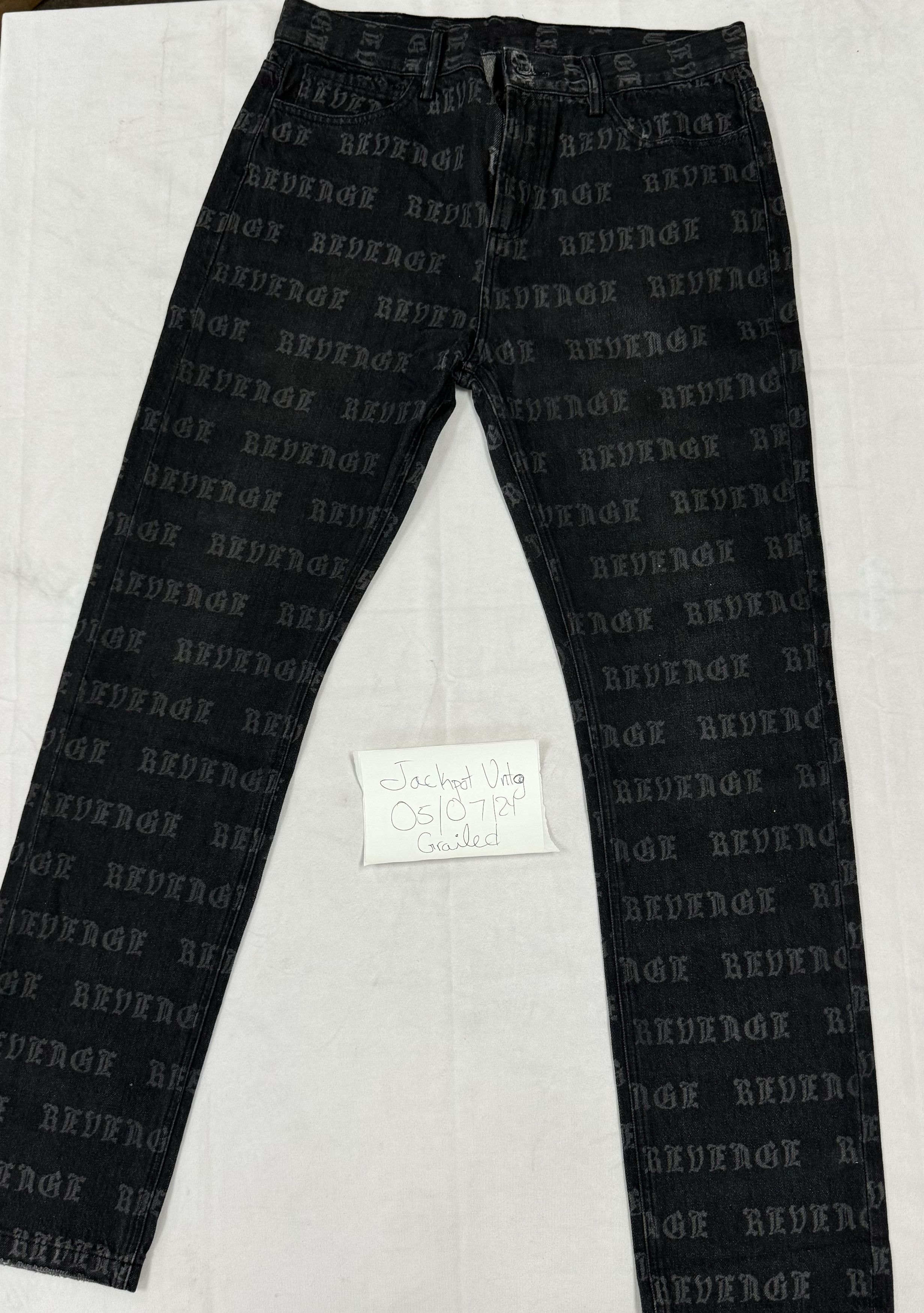 Revenge Revenge Repeat All Over Logo Black Denim Jeans Size Medium 