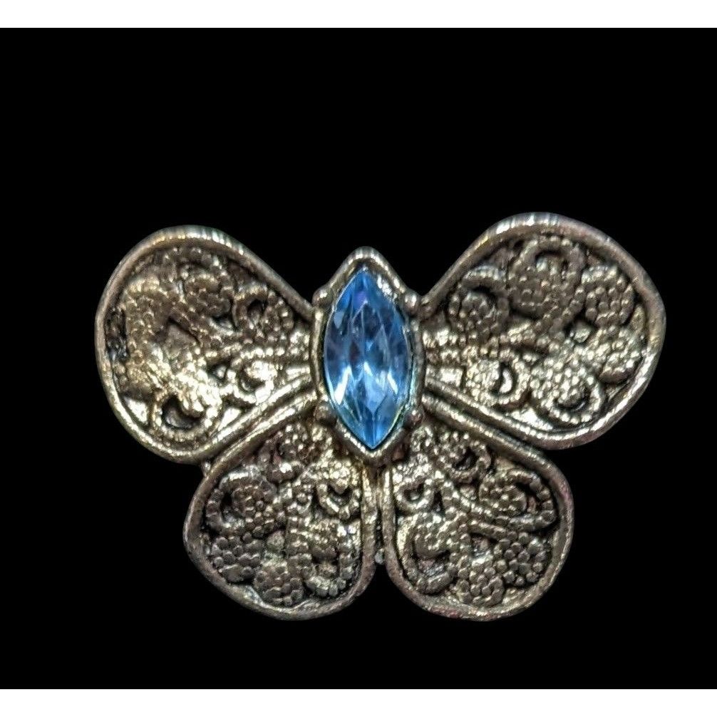 Other Vintage Floral Silver Tone Butterfly Brooch With Blue Gem Size ONE SIZE - 1 Thumbnail