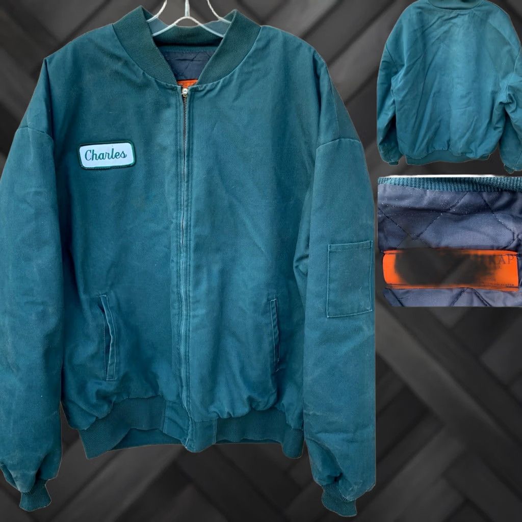 Red Kap VINTAGE Red Kap Work Jacket Worn Talon Zipper The Name Charles Green 2XL Reg Green Jacket Mens Bomber Full Zip Lined Pockets USA Made Size US XXL / EU 58 / 5 - 1 Thumbnail