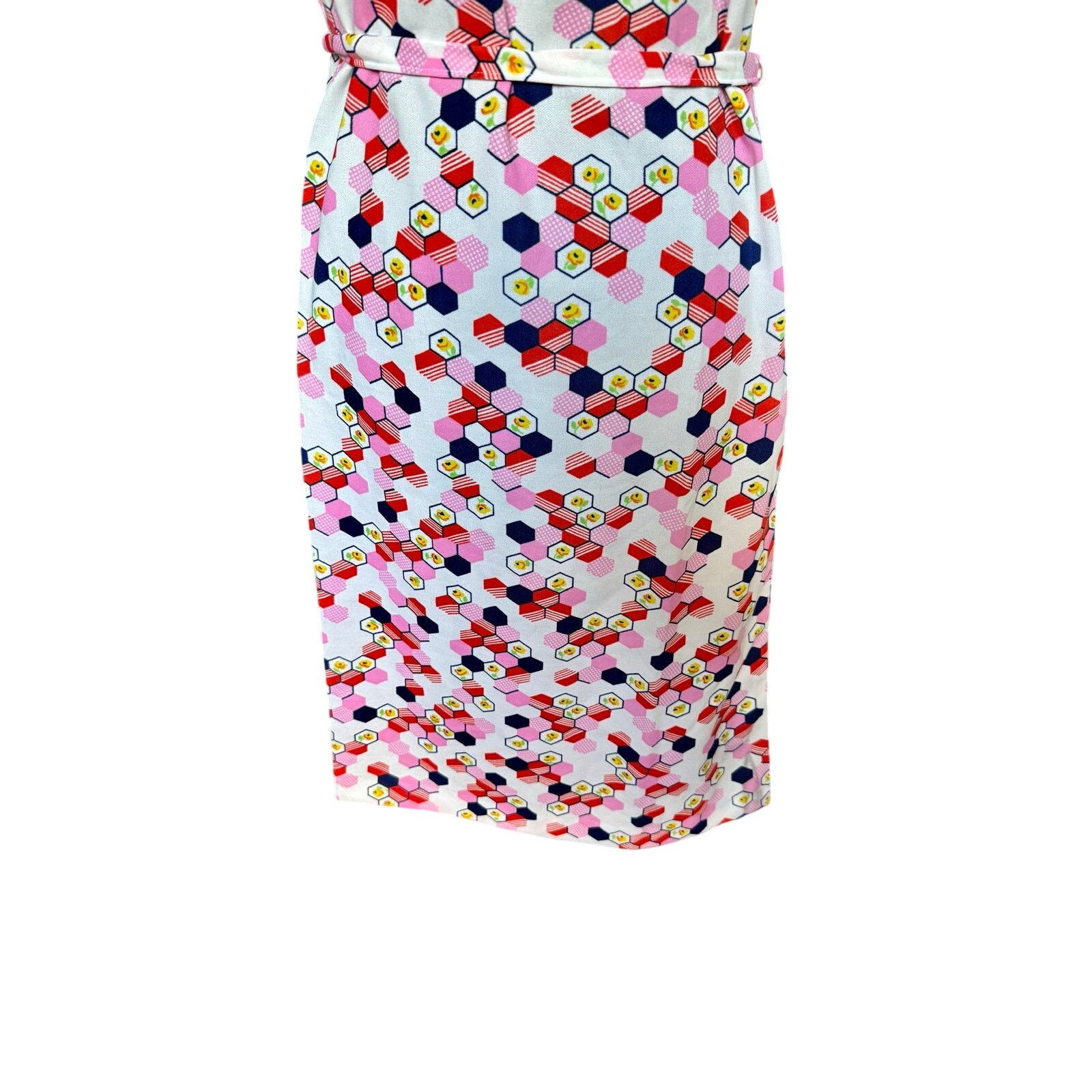 Vintage Vintage 70’s Diolen White Pink Geometric Belted Dress Large Size L / US 10 / IT 46 - 4 Thumbnail