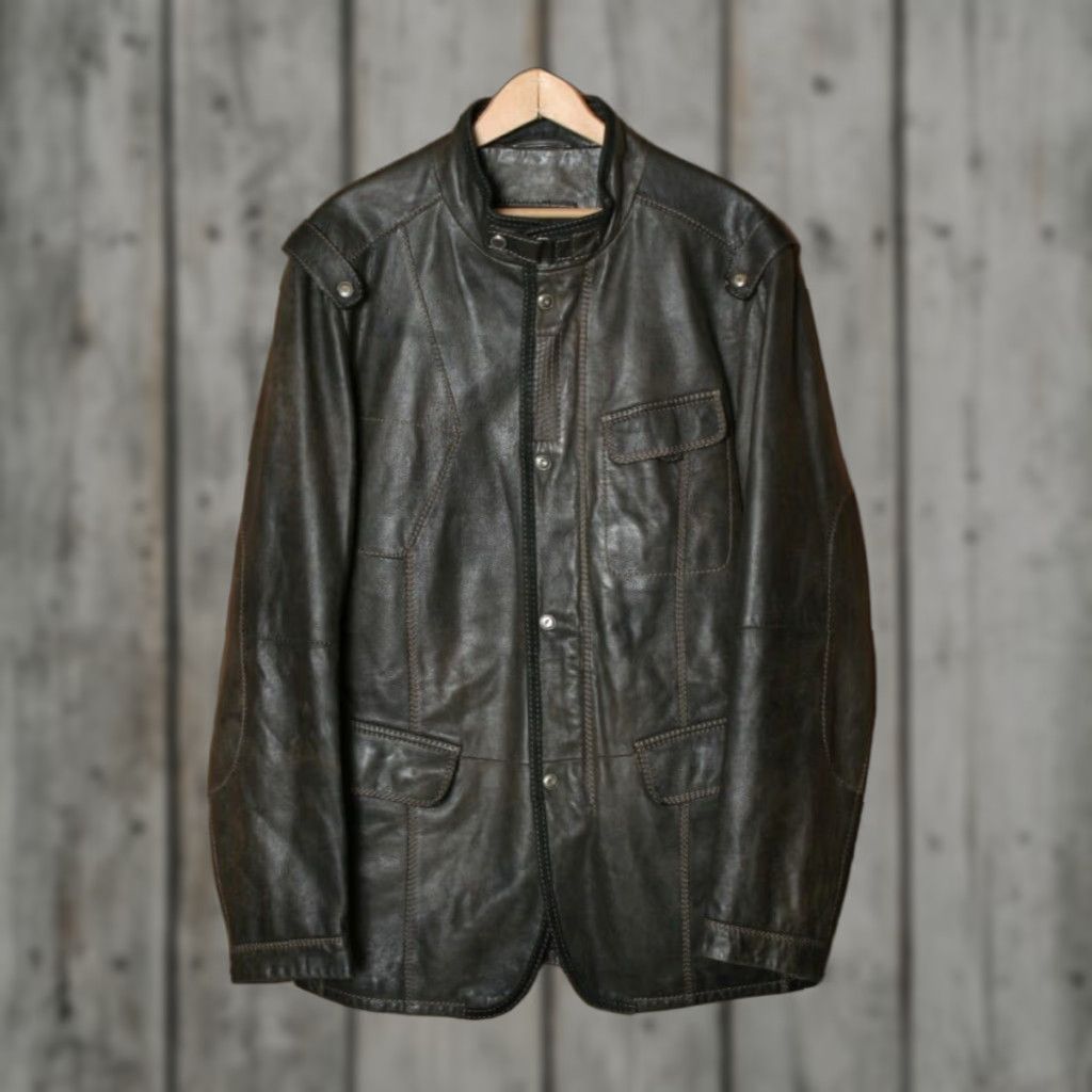 VINTAGE Wilsons Italian Leather Cafe Collar Jacket Slim Fitting Men’s L Brown Moto Jacket