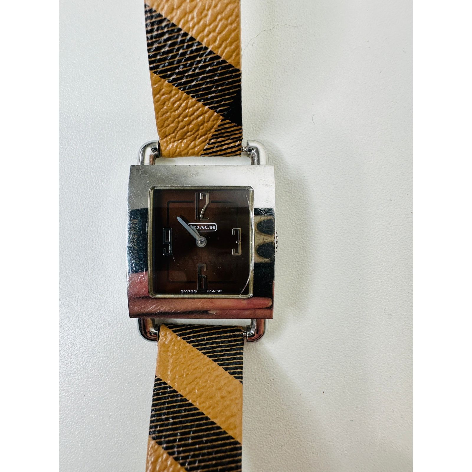 Coach Coach Silver Square Bronze Face Watch Tan Plaid Watchband Size ONE SIZE - 3 Thumbnail