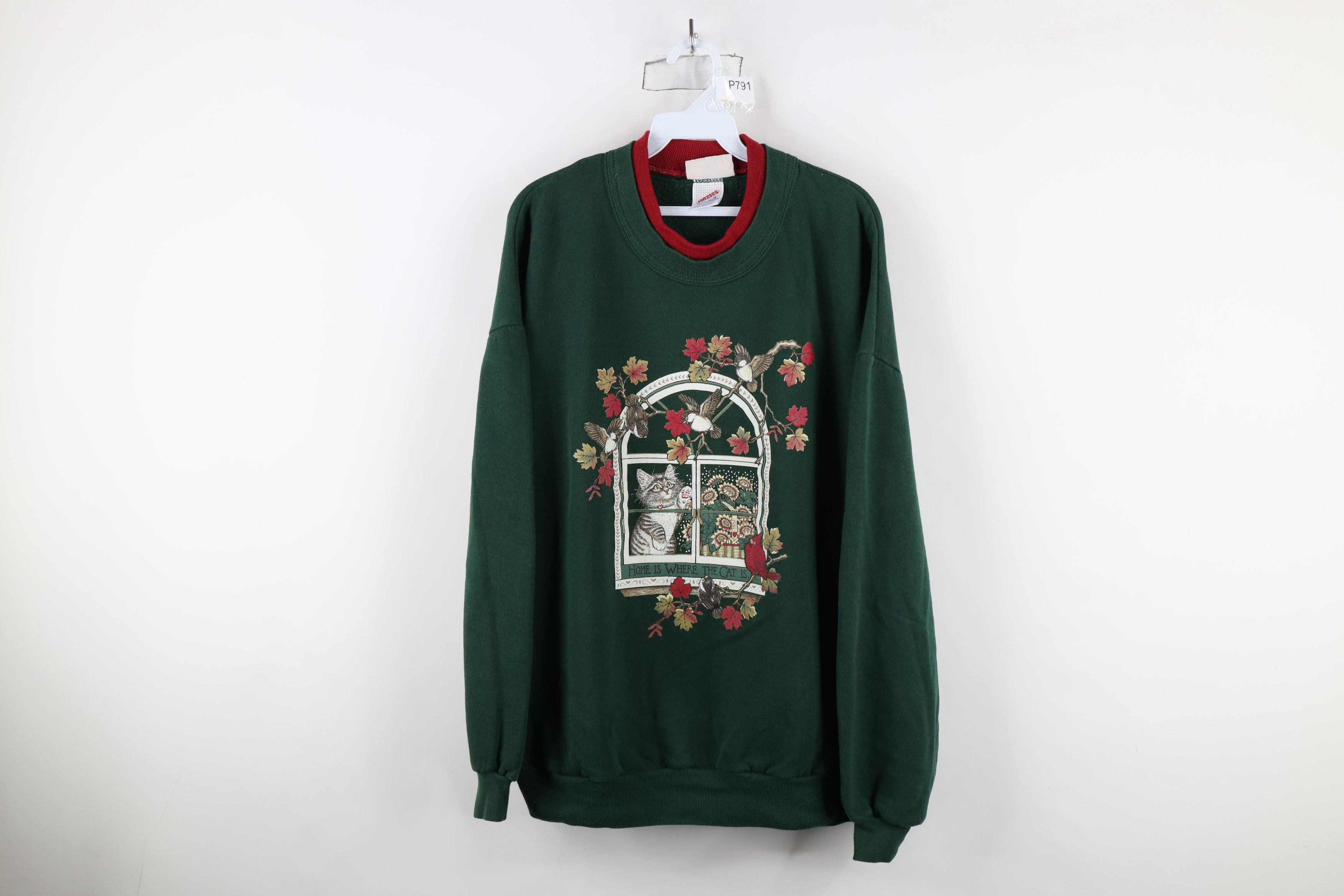Vintage Vintage 90s Streetwear Cat Kitten Bird Flower Sweatshirt USA Size XXL / US 16-18 / IT 52-54 - 1 Thumbnail