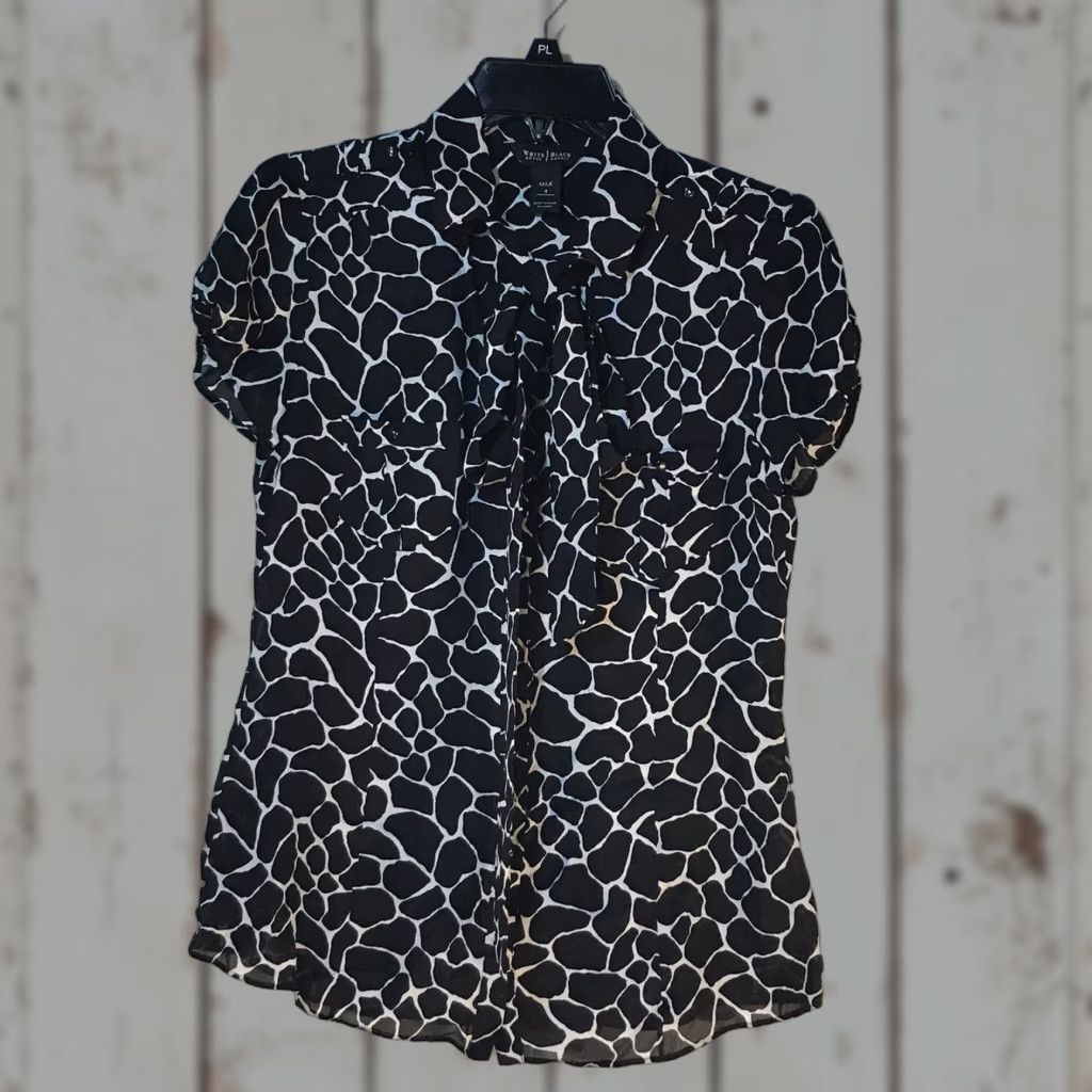 White House Black Market VINTAGE White House Black Market Silk Button-Up Shirt Womens 4 Black/White Sheer Cap Sleeve Dressy Summer Size S / US 4 / IT 40 - 1 Thumbnail
