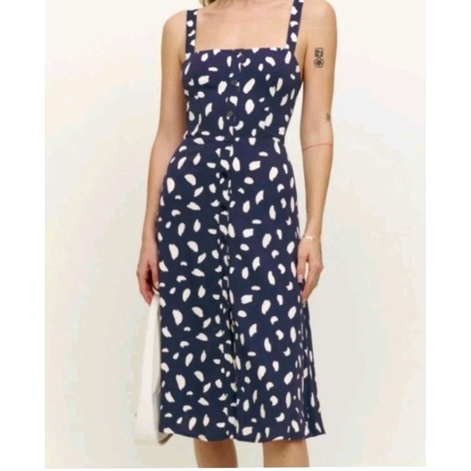 Reformation Reformation Persimonne Midi Dress Women’s 4 Navy Splatter Pattern Button Front Size S / US 4 / IT 40 - 3 Thumbnail