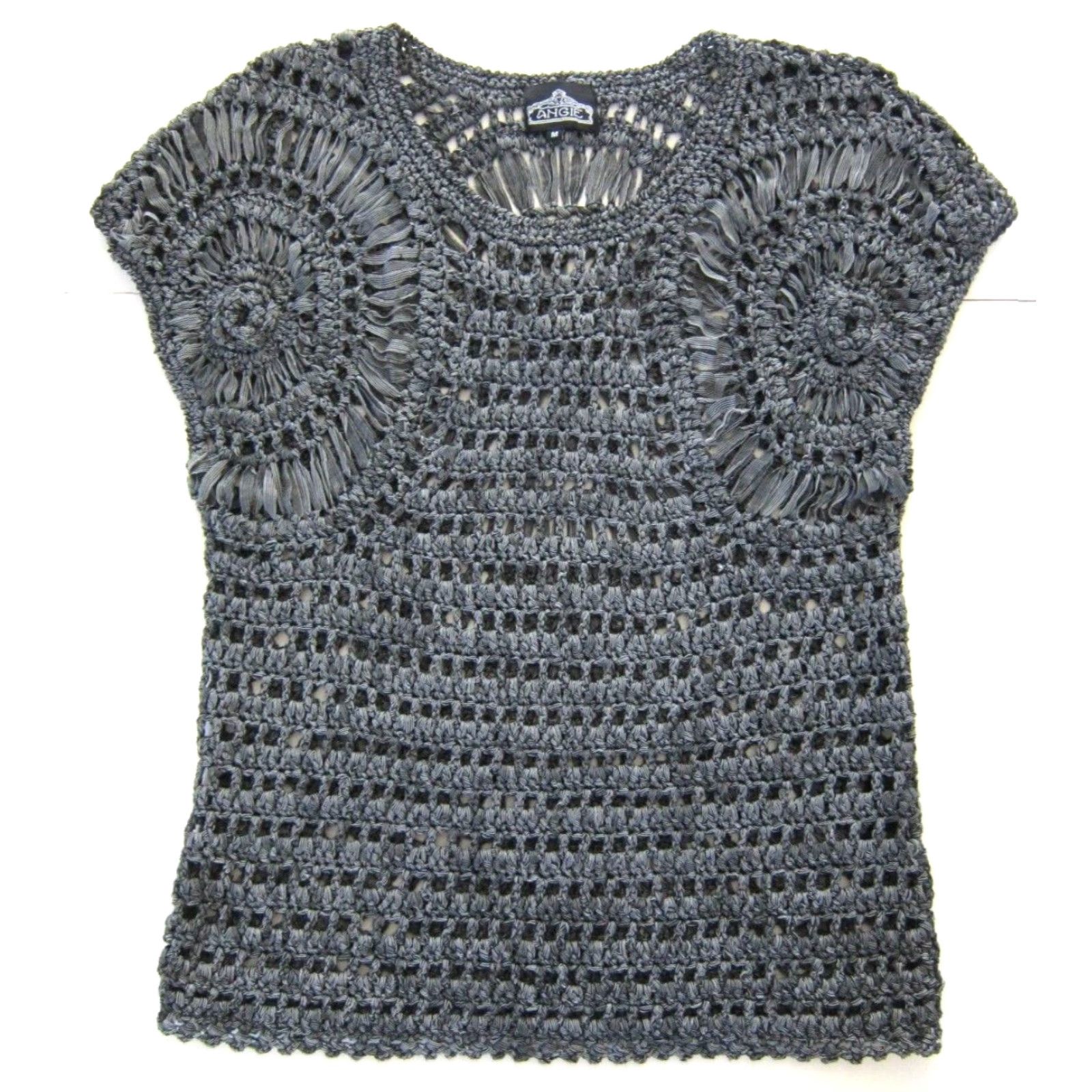 Vintage Angie Grey Cable Knit Crochet Cap Sleeve Blouse Woman Medium Knit Blouse Size M / US 6-8 / IT 42-44 - 2 Thumbnail