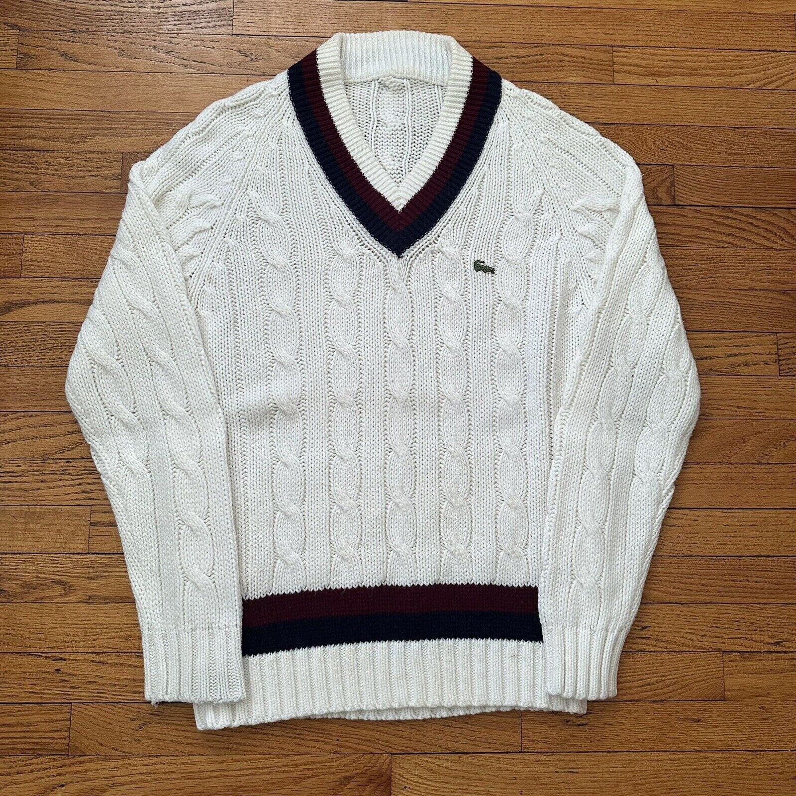 image of Lacoste V-Neck Tennis Chucky Cable Knit Wool Sweater in White, Men's (Size Medium)