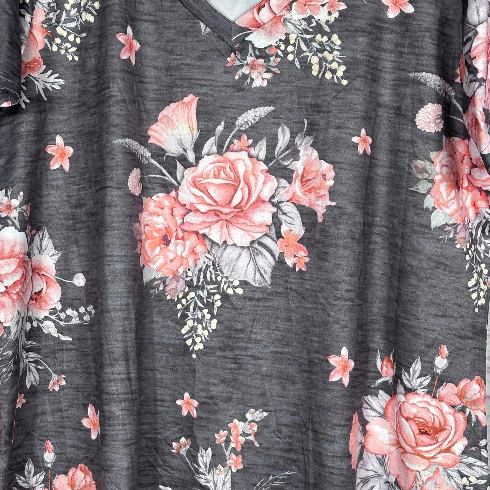 Other Floral V-Neck T-Shirt in Gray with Pink Rose Pattern XL Size XL / US 12-14 / IT 48-50 - 2 Thumbnail