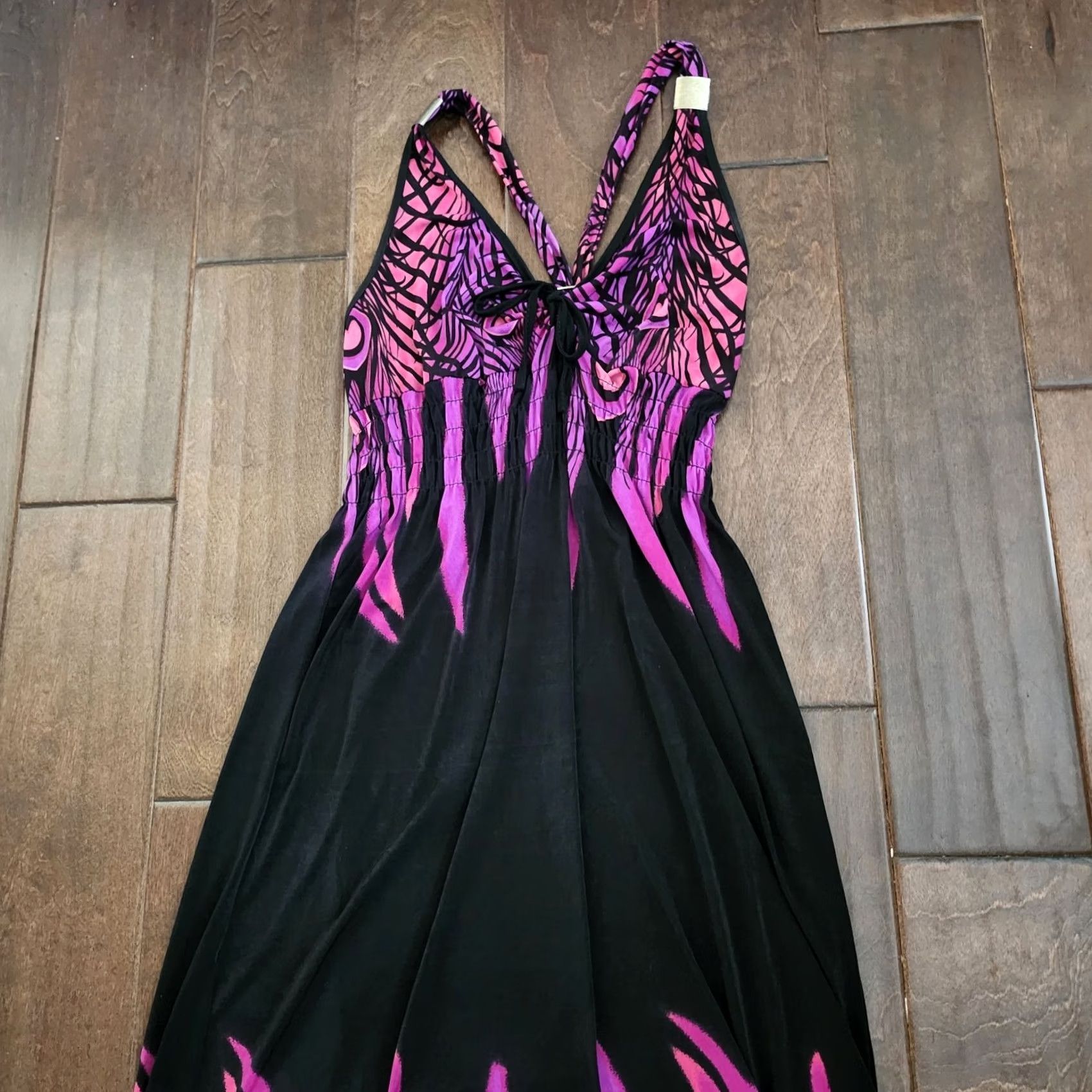 Vintage Ace Fashion Womens M Pink Black Peacock Print Halter Maxi Dress Size M / US 6-8 / IT 42-44 - 3 Thumbnail