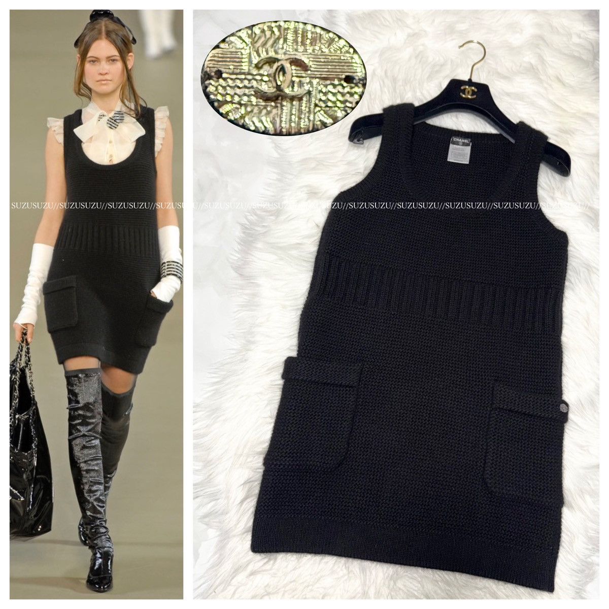 Genuine Chanel COCO Decoration Sleeveless Knit Mini Dress 36