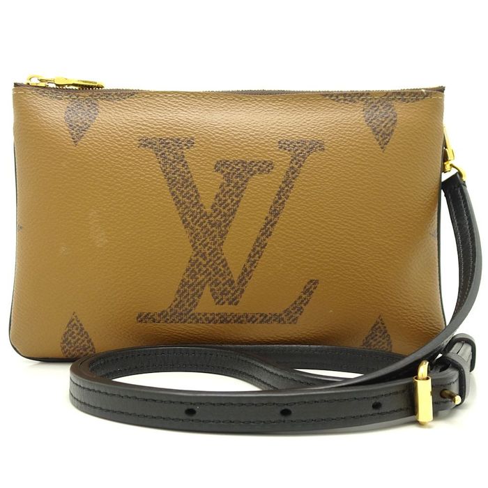 LOUIS VUITTON Double Zip Pochette Reverse Monogram Giant Crossbody Bag Brown