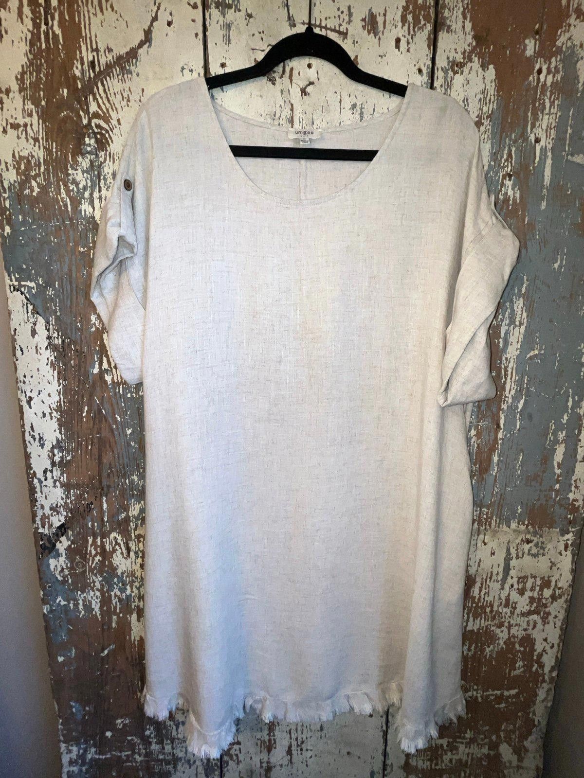 Designer Umgee Linen blend Dress light tan color Medium, fringe hem Size M / US 6-8 / IT 42-44 - 2 Thumbnail