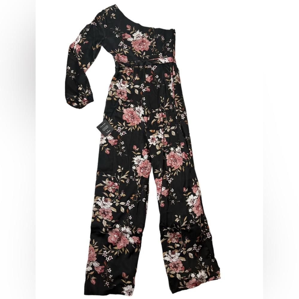 Lulus Lulus l NWT Black Satin Floral One-Shoulder Jumpsuit Small Size 28" / US 6 / IT 42 - 4 Thumbnail