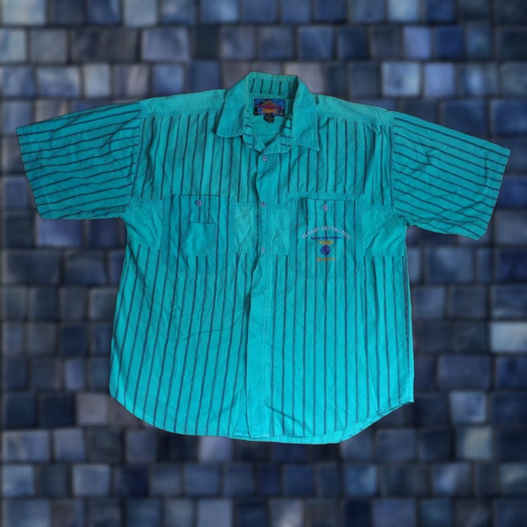 Vintage VTG 90s Weekends Eco Activism Protest Earth Faded Blue Striped Button Shirt L Size US L / EU 52-54 / 3 - 1 Thumbnail