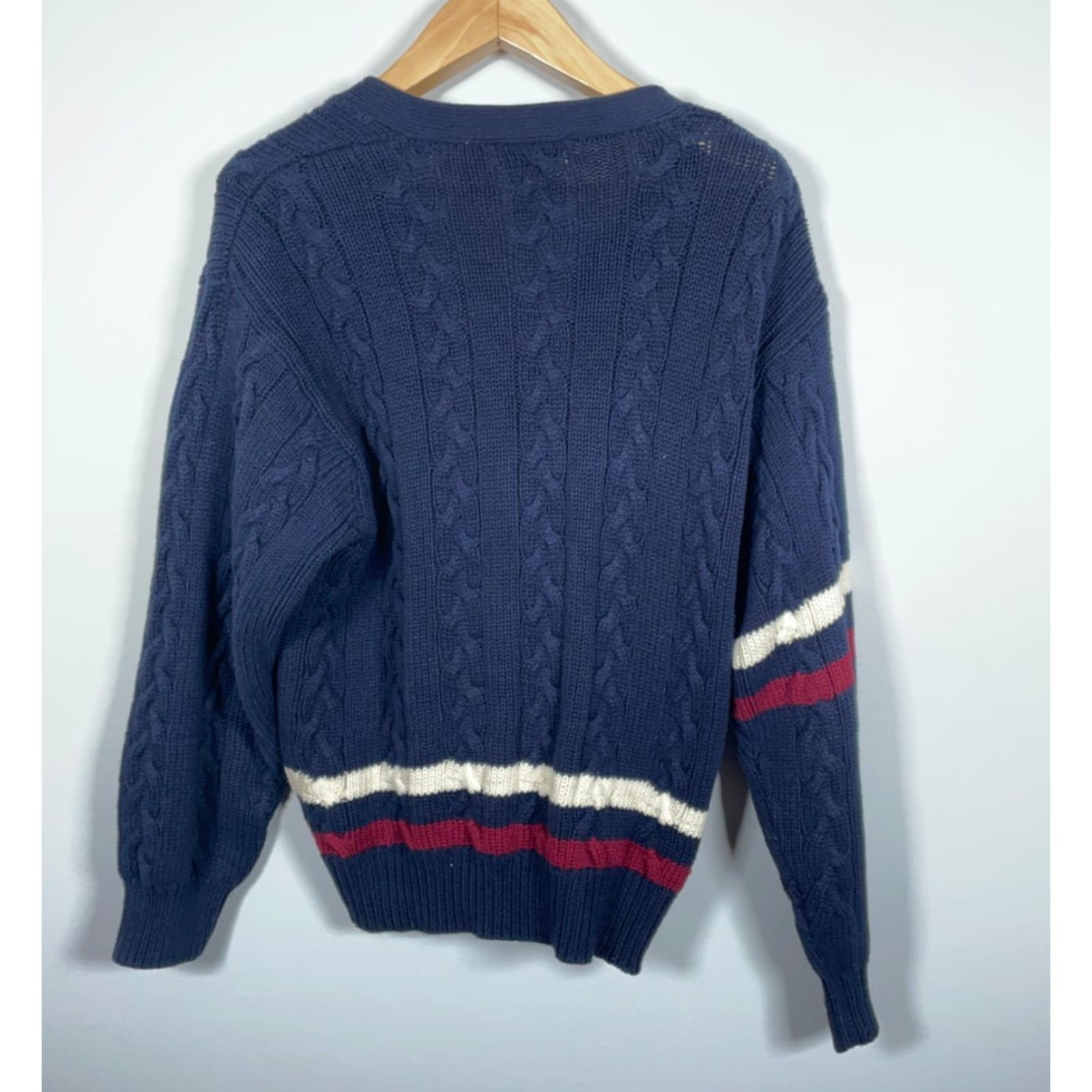 Izod VINTAGE IZOD Sweater Cardigan Men Large Dark Blue Cable-Knit Cotton Striped 90s Preppy Tennis Cricket Mens Size US L / EU 52-54 / 3 - 2 Thumbnail