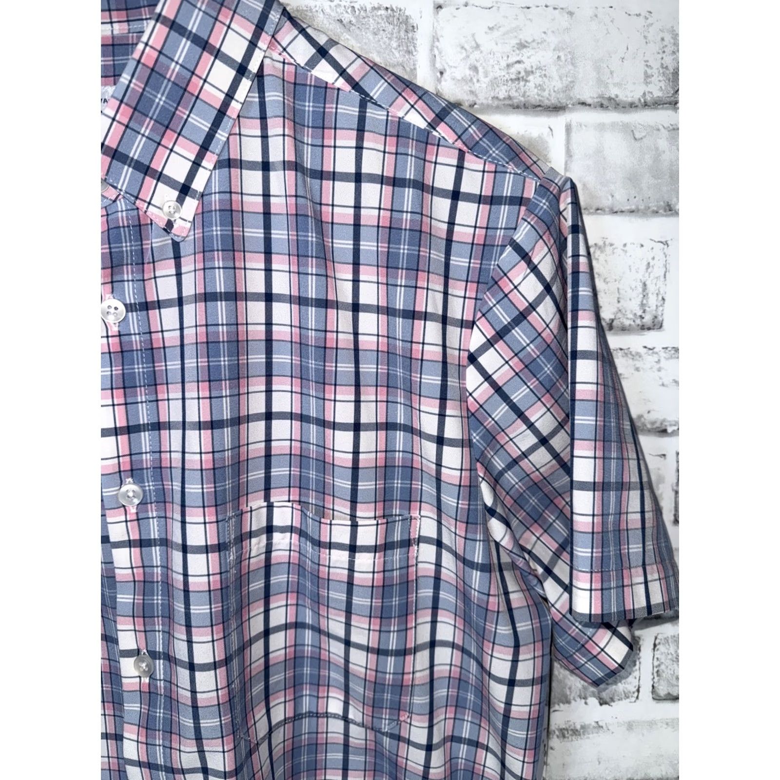 Mizzen+Main Mizzen+Main Button-Up Shirt Leeward Blue Pink Multicolor Plaid Slim Fit L Mens Short Sleeve Collared Button-Down Pocketed Performance Travel Easy Care Size US L / EU 52-54 / 3 - 3 Thumbnail