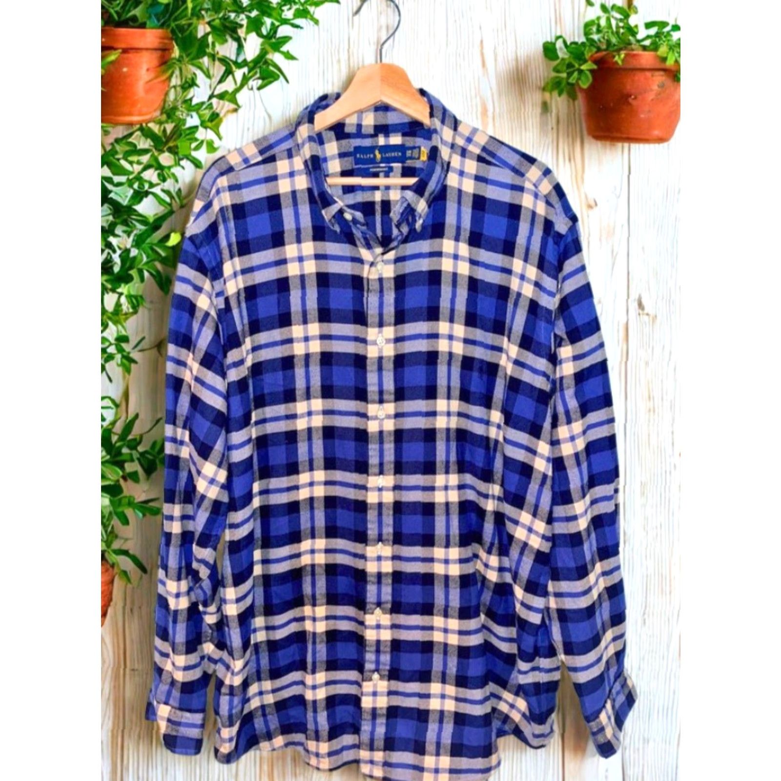 Polo Ralph Lauren Polo Ralph Lauren Button-Down Shirt Plaid Brushed Cotton Flannel 2XB Big & Tall Blue/Navy/Cream Plaid Classic Button Up Mens Size US XXL / EU 58 / 5 - 7 Thumbnail