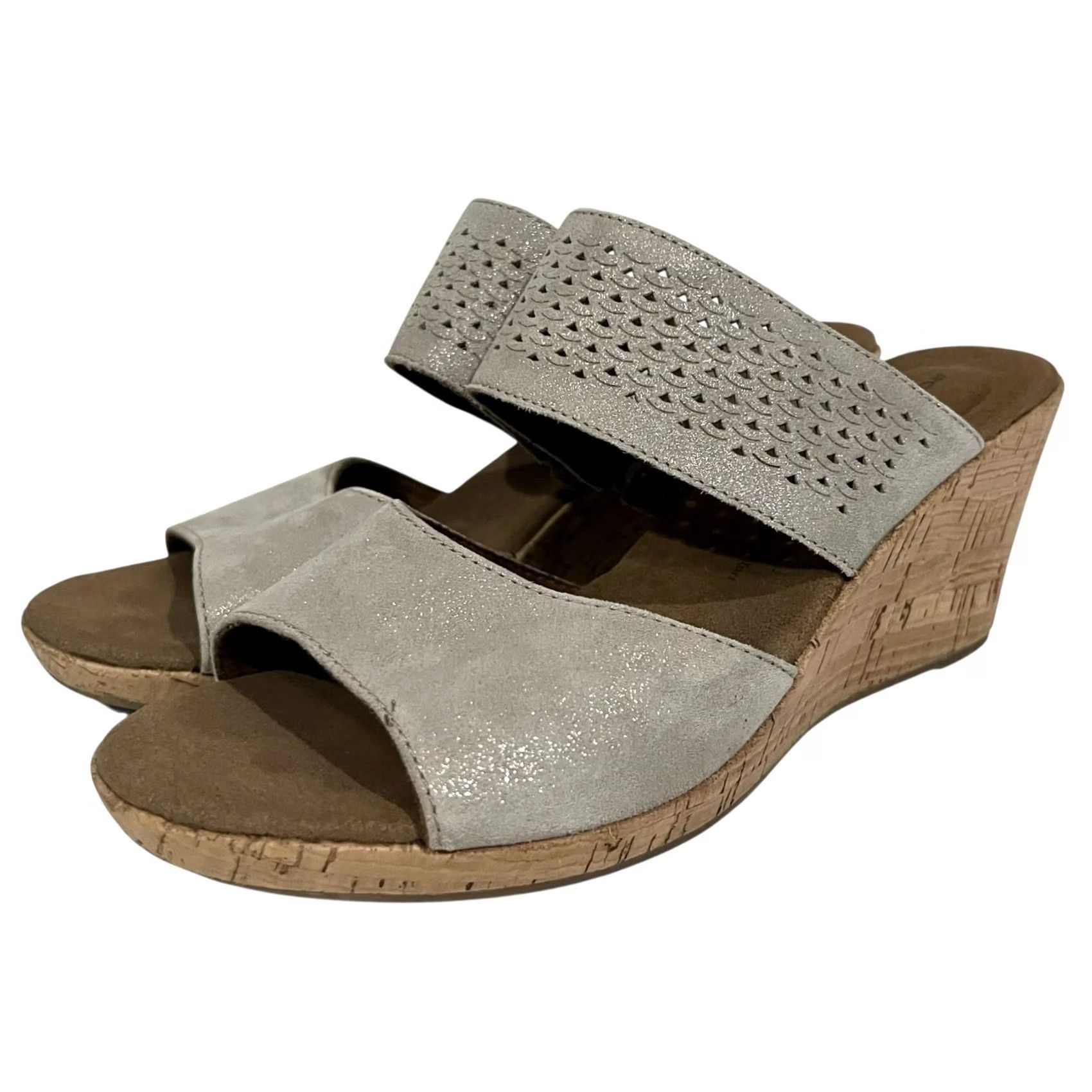 Rockport Rockport Briah Sandals Slip-On Gray Silver Leather Womens Size 8 Wedge 2-Band Mid Heel Hook & Loop Shoes Size US 8 / IT 38 - 4 Thumbnail