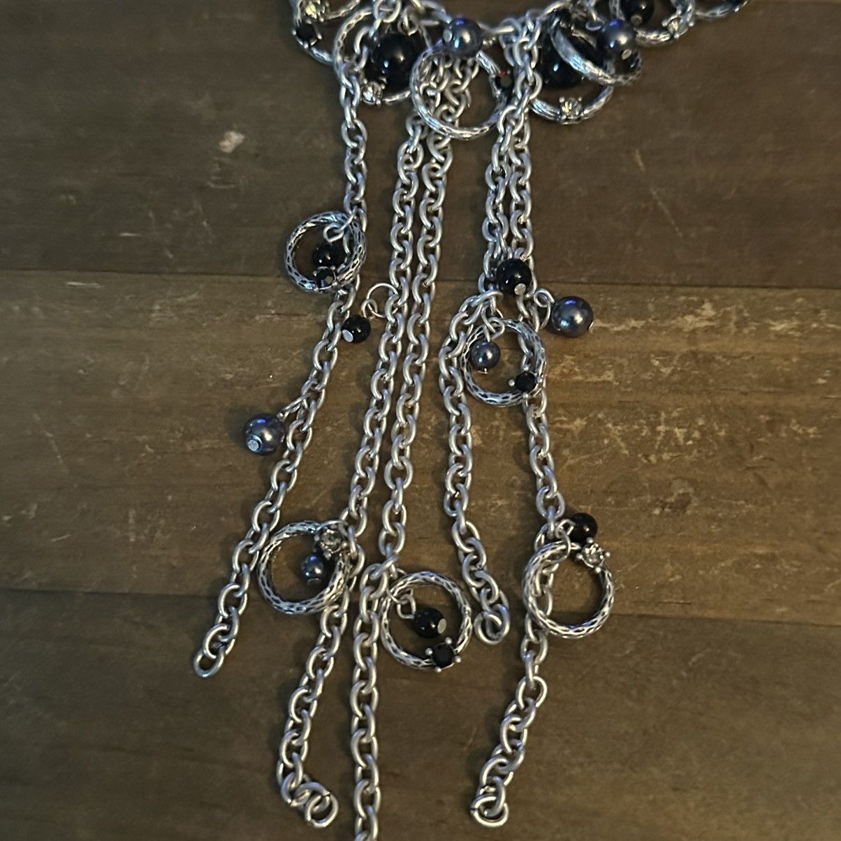 Other Silver tone rings and black beads chain fringe necklace Size ONE SIZE - 4 Thumbnail