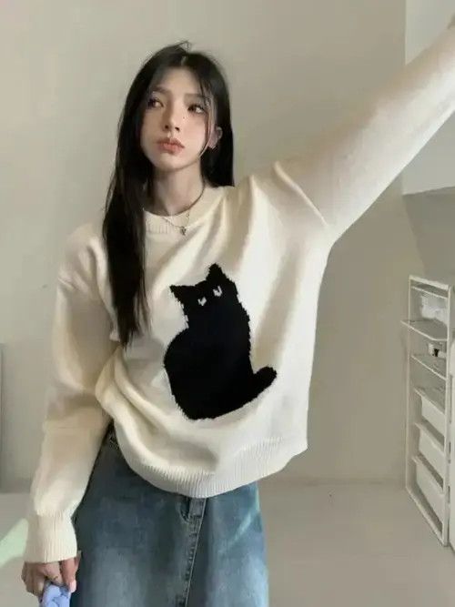 Japanese Brand Ezgaga Sweet Sweater Pullover Women Cartoon Cat Size ONE SIZE - 3 Thumbnail