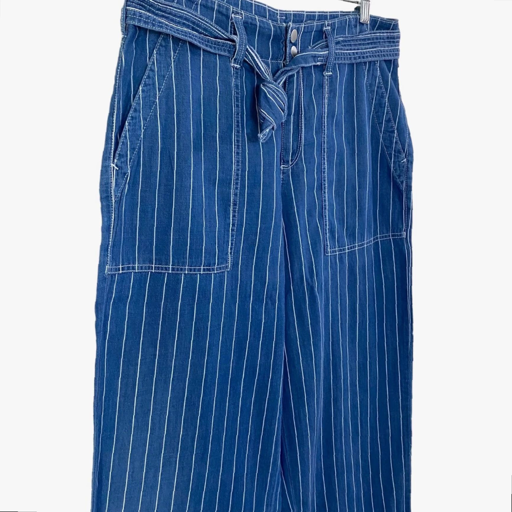 Vintage SEVEN7 Belted Wide-Leg Cropped Pants Denim Womens 8 Blue Striped Loose-Fit New Size 30" / US 8 / IT 44 - 4 Thumbnail