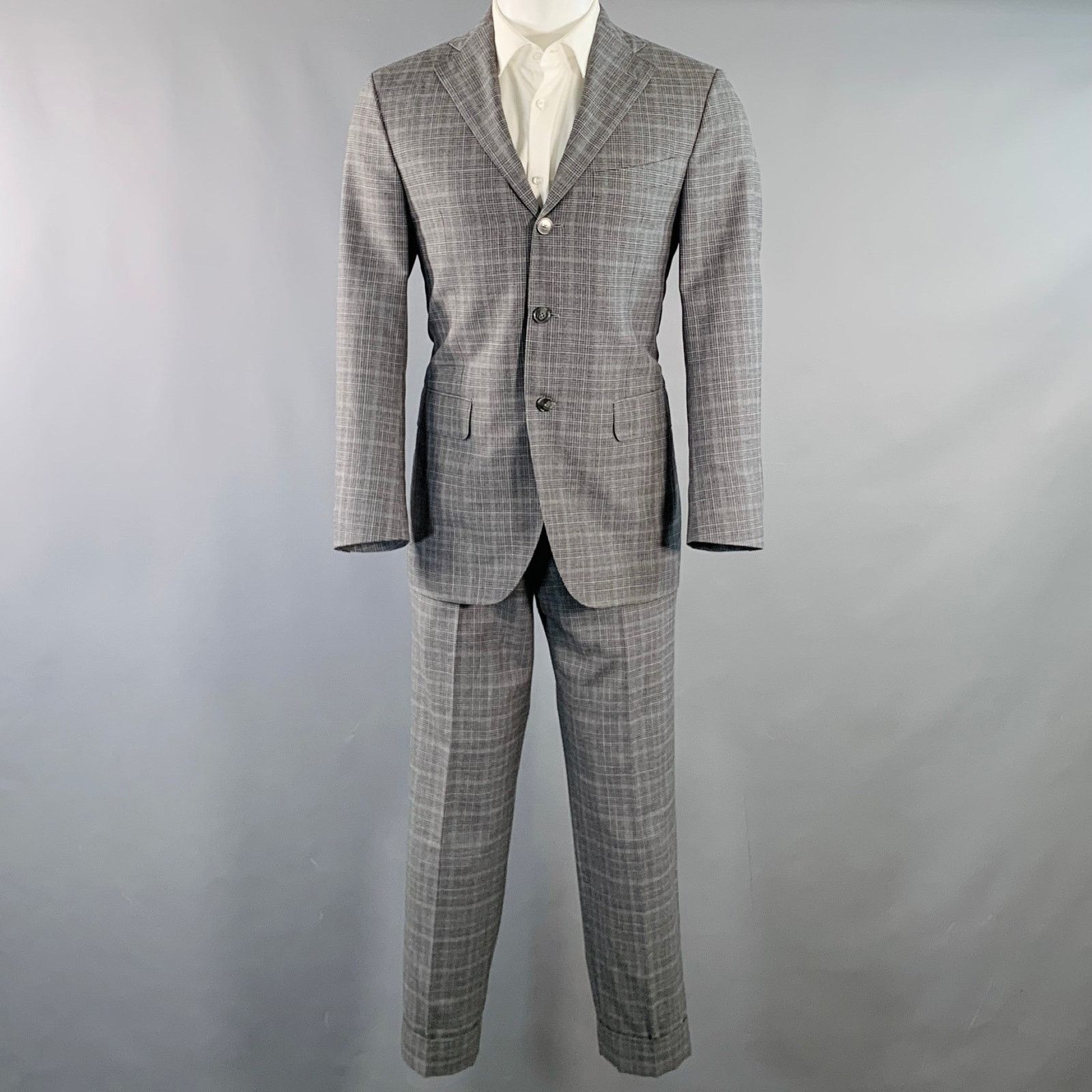 Eidos Napoli EIDOS 38 Regular Grey Charcoal Plaid Wool Notch Lapel Suit Size 38R - 4 Thumbnail