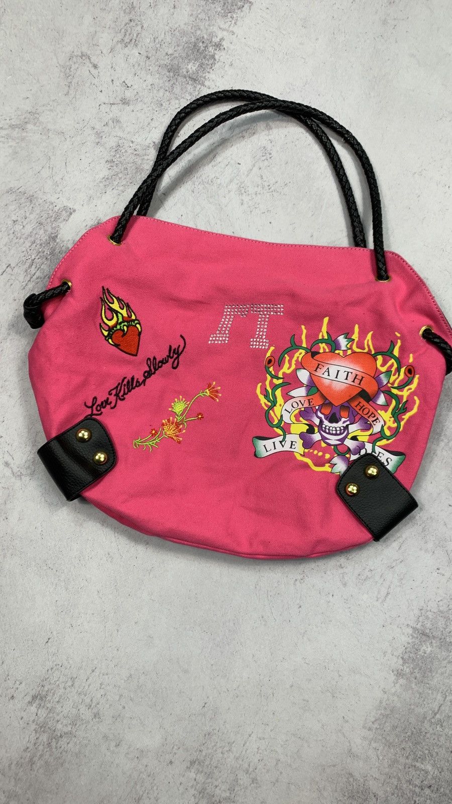 VINTAGE ED HARDY PINK DENIM TOTE BAG