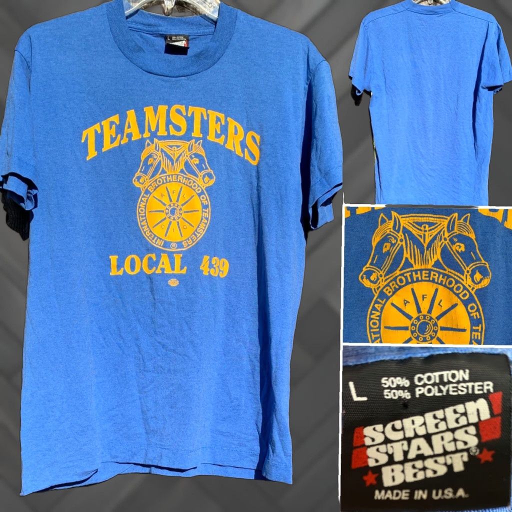 Vintage VINTAGE Teamsters Local 439 T Shirt Horse Logo 80s 90s Screen Stars Best L Blue Men Short Sleeve Graphic Tee - Mens Size US L / EU 52-54 / 3 - 1 Thumbnail