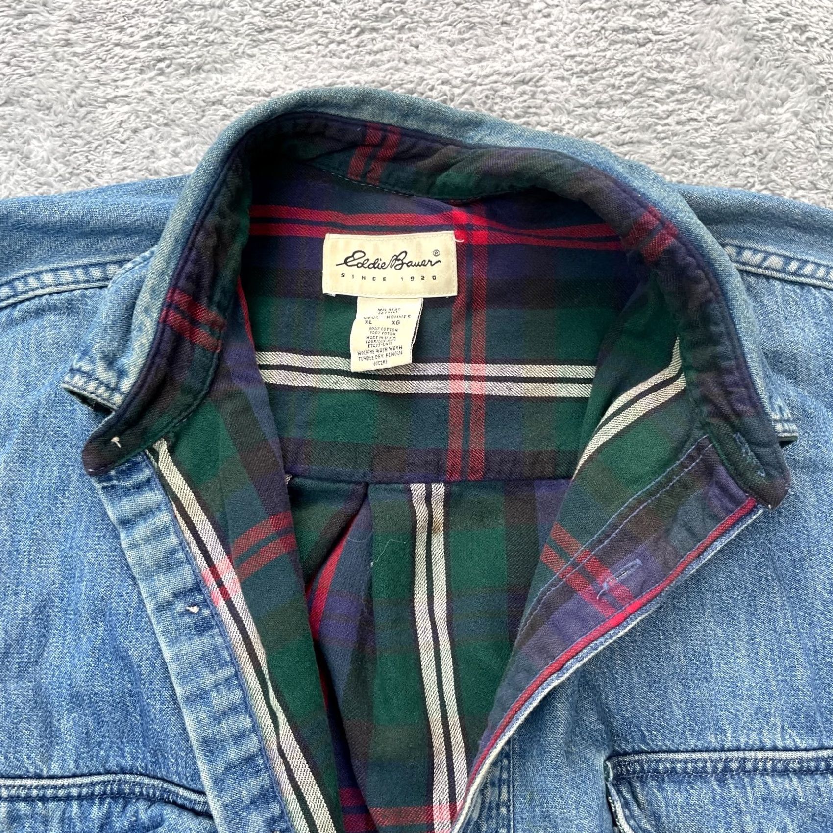 Eddie Bauer VTG Eddie Bauer Jacket Mens XL Denim Thrashed Grunge 90s Plaid Bomber Jacket Blue Size US XL / EU 56 / 4 - 5 Thumbnail