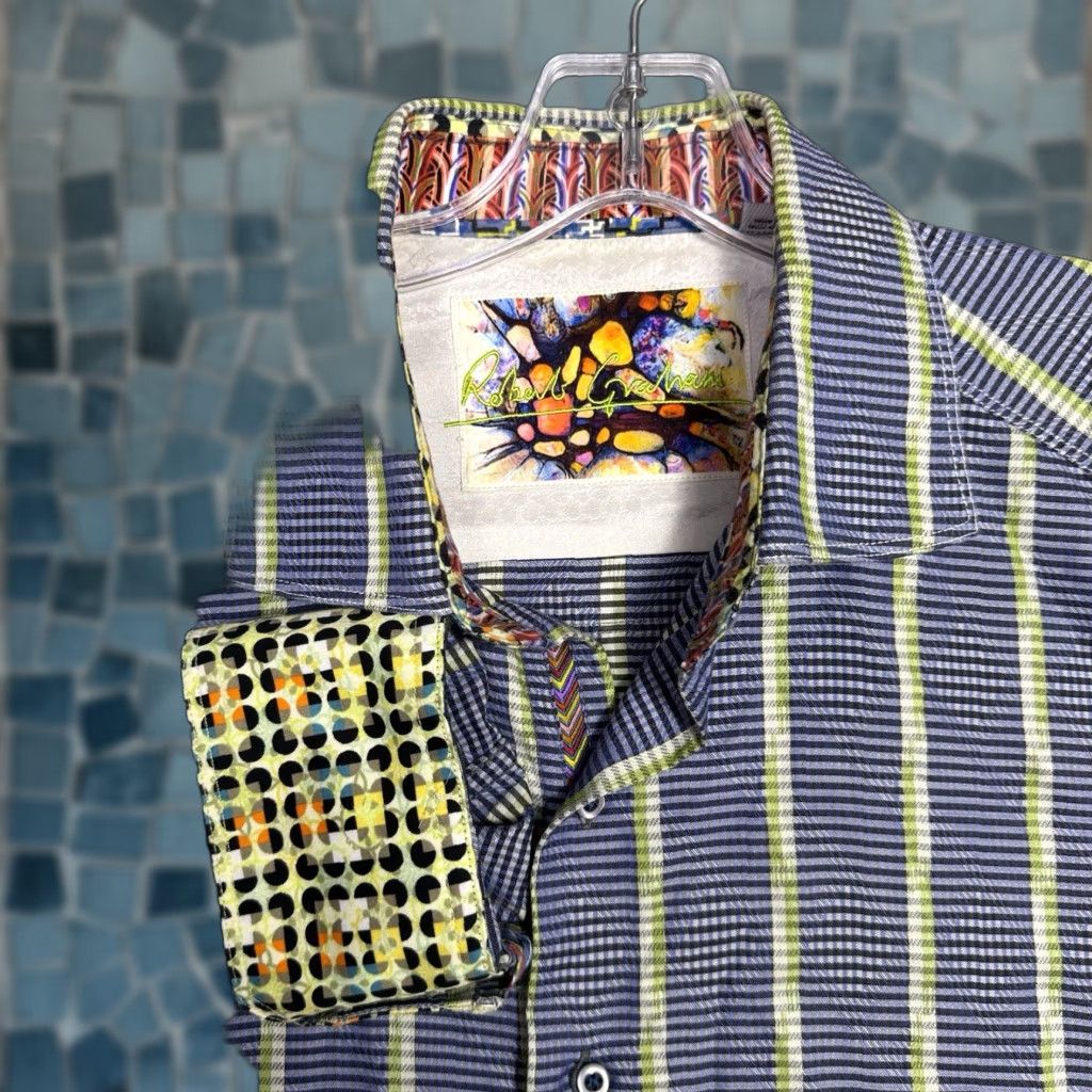 Robert Graham Robert Graham Shirt Mens 2XL Geometric Striped All Over Print Silk Button-Up Size US XXL / EU 58 / 5 - 1 Thumbnail