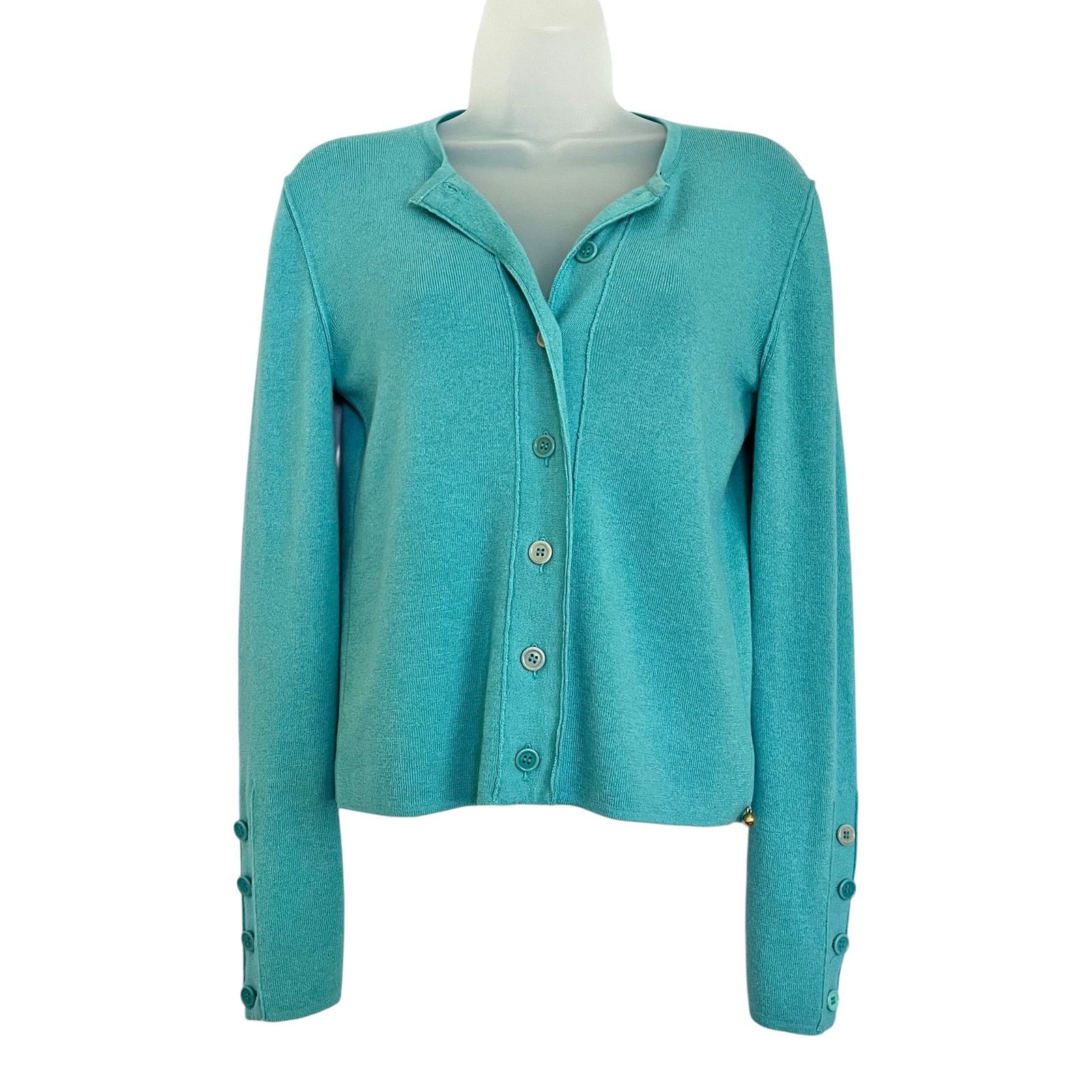 Sonia Rykiel × Vintage Sonia Rykiel Vintage Turquoise Virgin Wool Cardigan Sweater Size S / US 4 / IT 40 - 1 Thumbnail