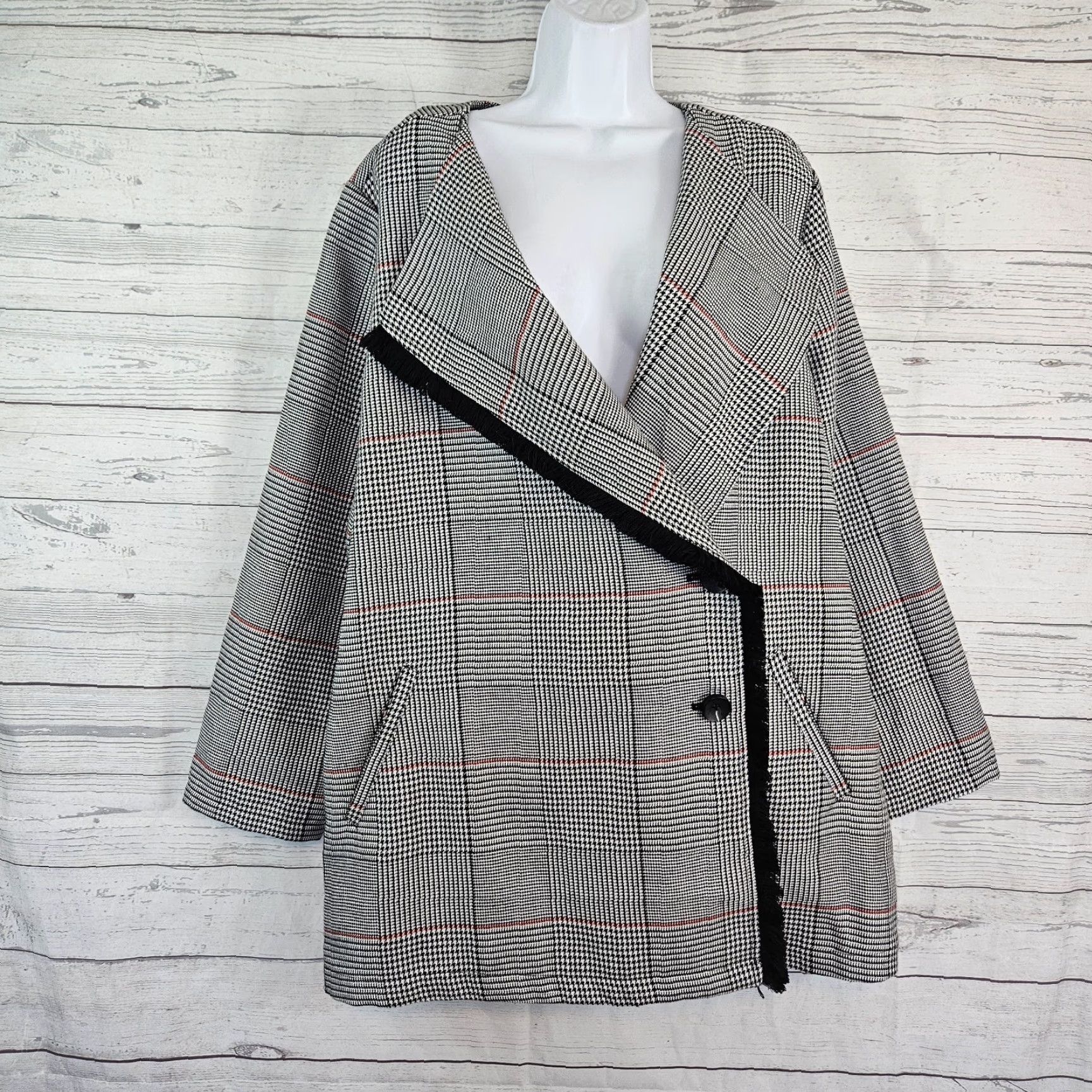 Vintage Laurie Felt Coat Womens XL Black Red Houndstooth Fringe Button Front Size XL / US 12-14 / IT 48-50 - 2 Thumbnail