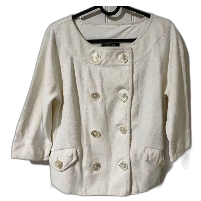 Ralph Lauren Women's Ivory White Linen Blend Peacoat 3/4 Sleeves Jacket M Size M / US 6-8 / IT 42-44 - 1 Thumbnail