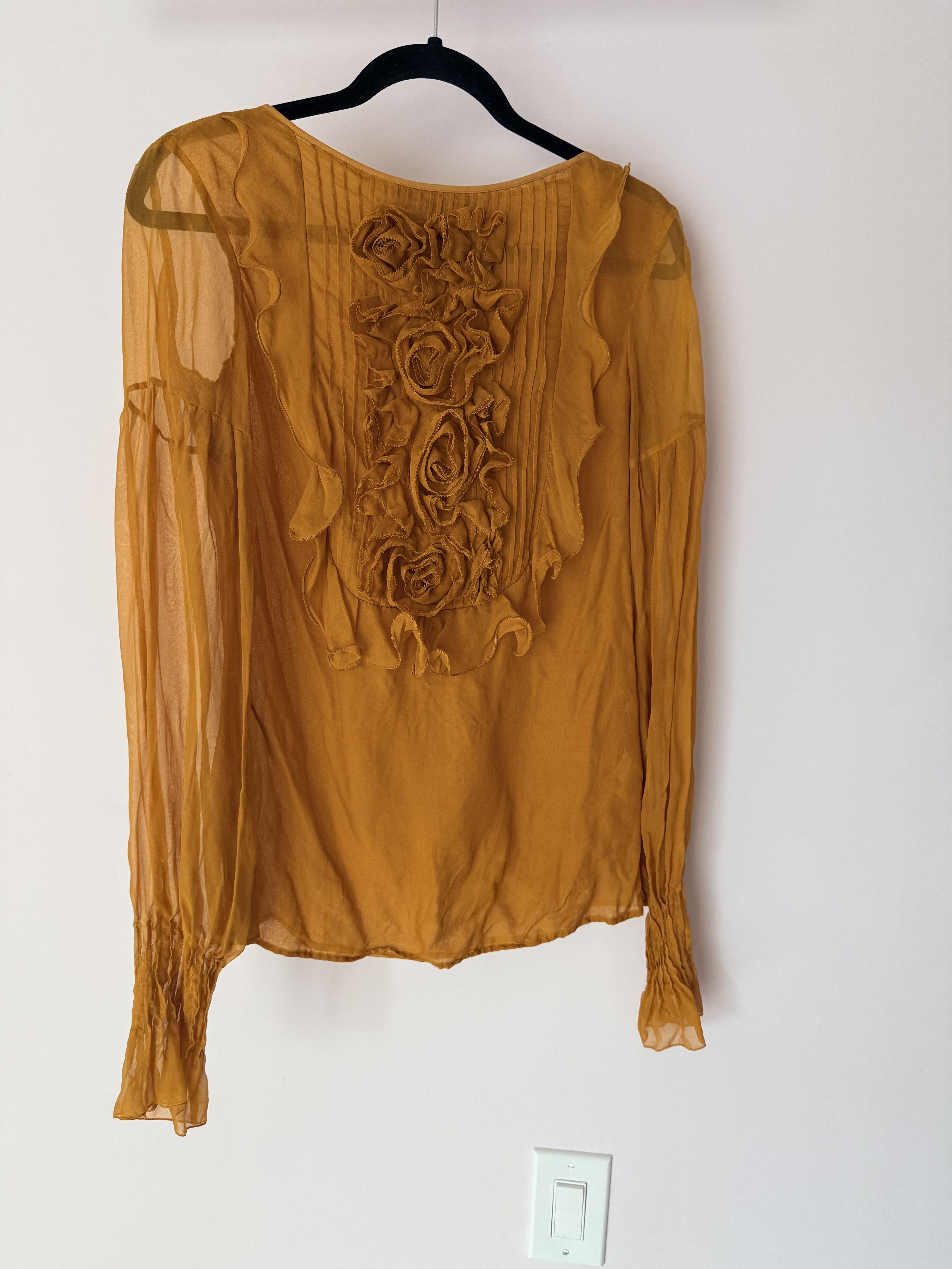 Other ANDY THE ANH 100% Silk Blouse Mustard Ruffle Floral Top Sz 4 Size S / US 4 / IT 40 - 2 Thumbnail