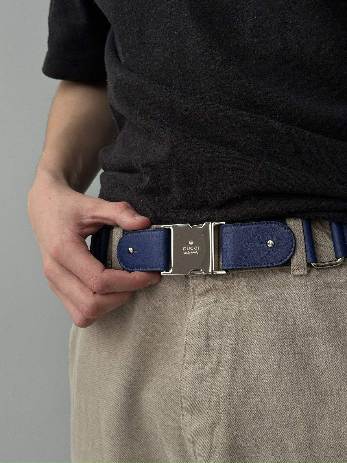 Gucci Gucci Web Canvas Black Leather Silver D Ring Buckle Belt men Size ONE SIZE - 4 Thumbnail