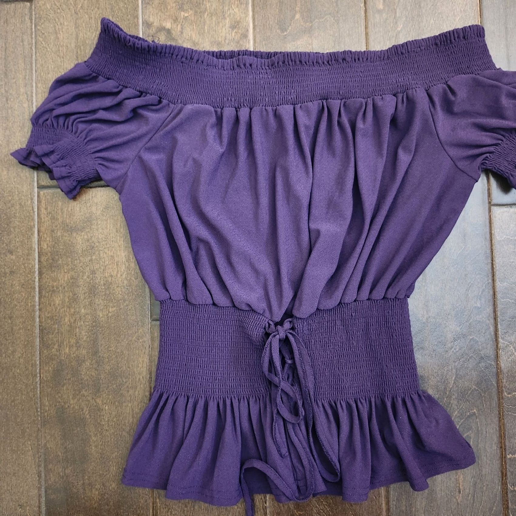 Vintage Sweet Wanderer Purple off Shoulder Top Short Sleeve L Juniors Elastic Waist Zig Zag Laced Up Bow Tie Blouse Size L / US 10 / IT 46 - 4 Thumbnail