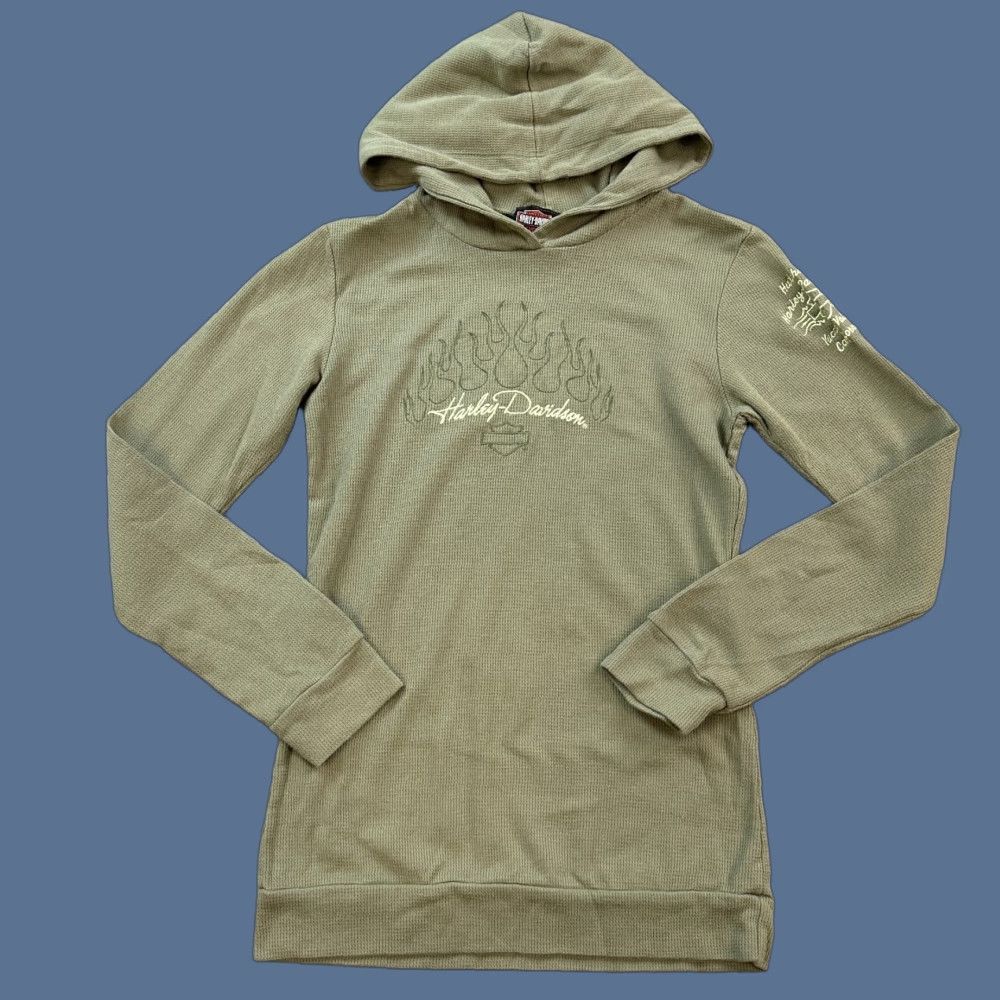 Harley Davidson Harley-Davidson Hoodie Women’s Medium Green Waffle Knit Thermal Flame Logo Biker Size M / US 6-8 / IT 42-44 - 1 Thumbnail