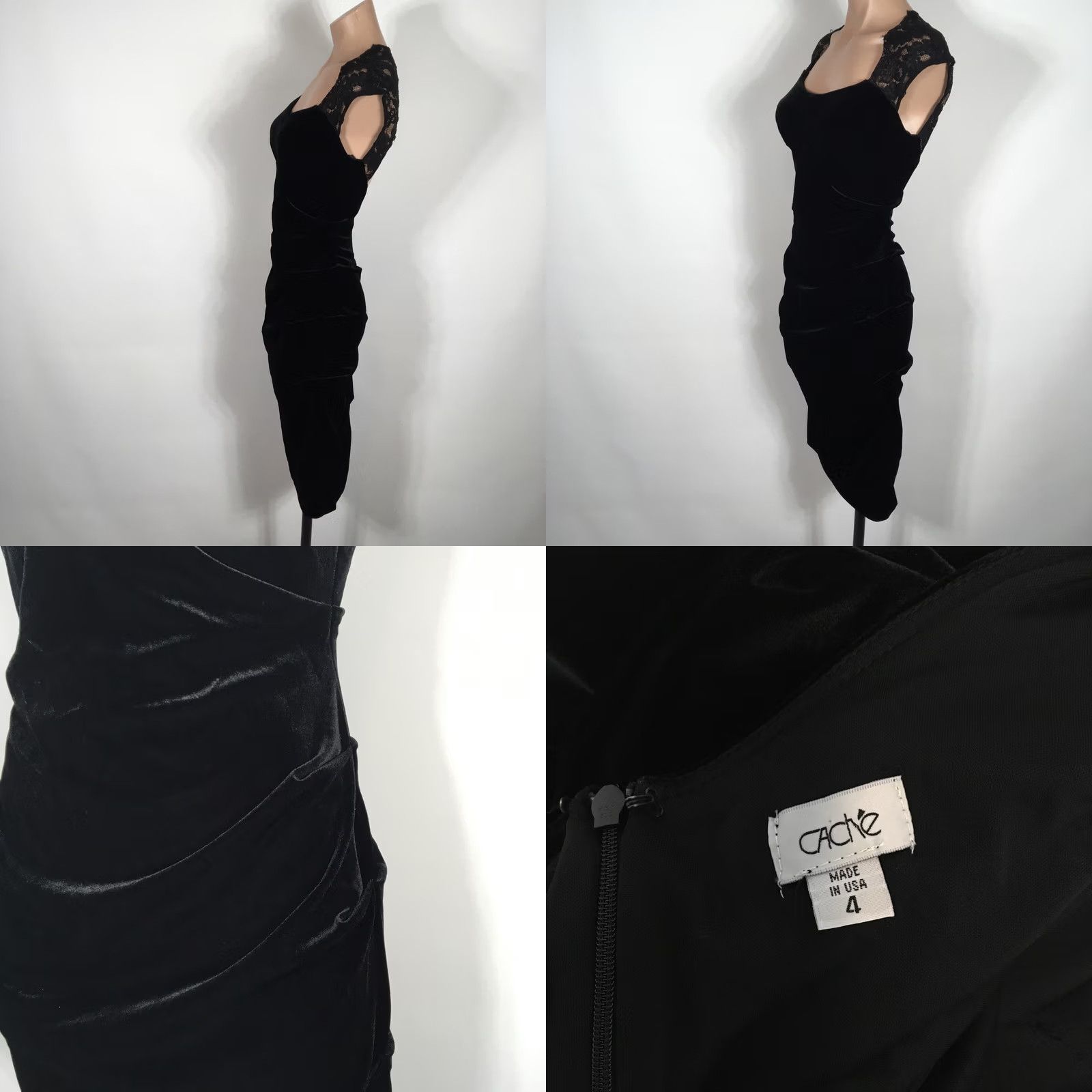 Vintage VINTAGE Cache Velvet Lace Dress Ruched Bodycon Keyhole Back Cap USA MADE 90s y2k 4 Vtg Size S / US 4 / IT 40 - 8 Thumbnail
