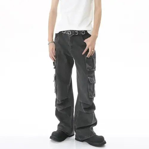 Vintage distressed fade pleated flared cargo jeans Size US 32 / EU 48 - 1 Thumbnail