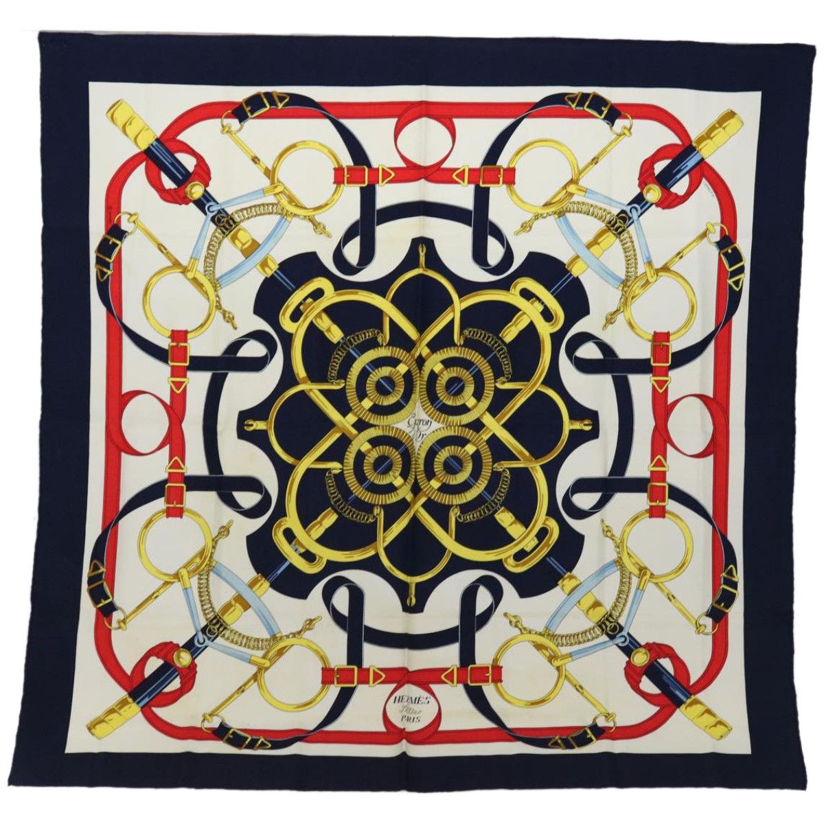 image of Hermes Carre 90 Eperon Dor Scarf Silk Navy Auth 66823, Women's