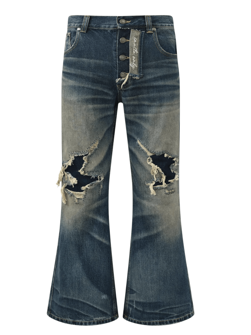 Distressed Embroidery Bootcut Jeans Indigo