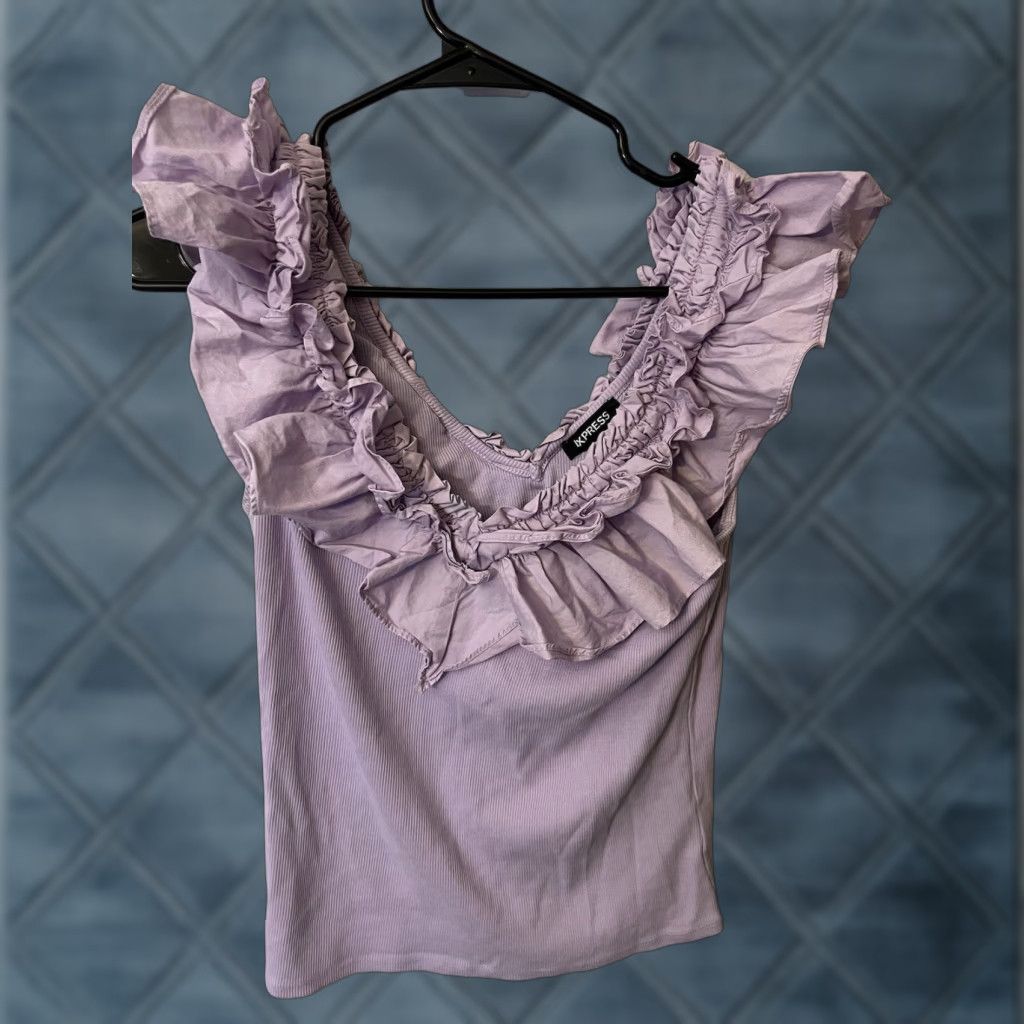Express Express Purple Sleeveless Ruffled Relaxed Tank Top Blouse Large V-Neck Periwinkle Purple Express Tank Womens L Sleeveless Camisole Polyester Size L / US 10 / IT 46 - 1 Thumbnail
