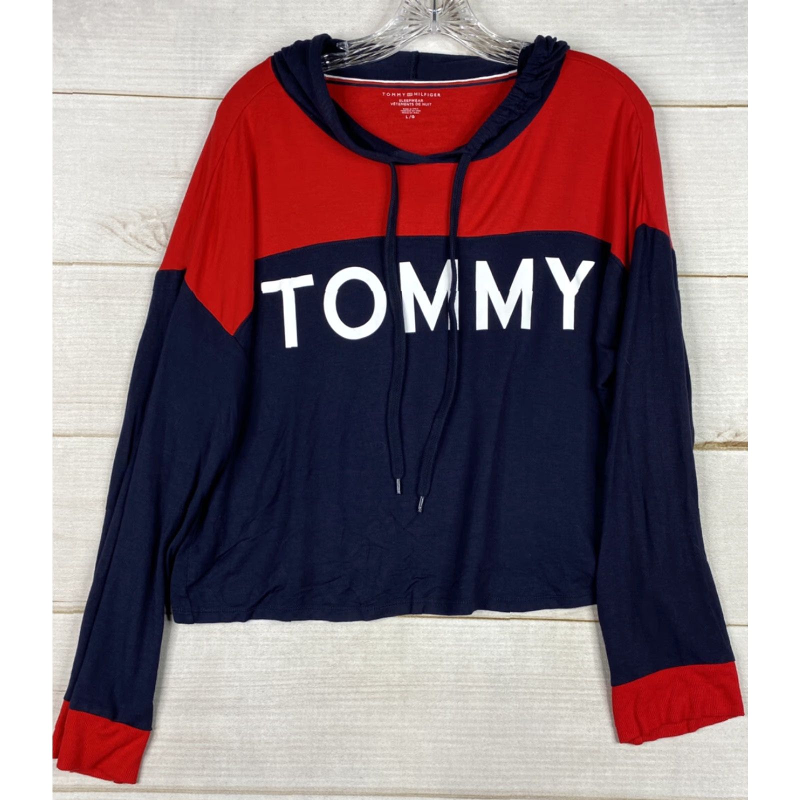Tommy Hilfiger Tommy Hilfiger Top Womens L Colorblock Red Blue Hooded Spellout Logo Size L / US 10 / IT 46 - 2 Thumbnail