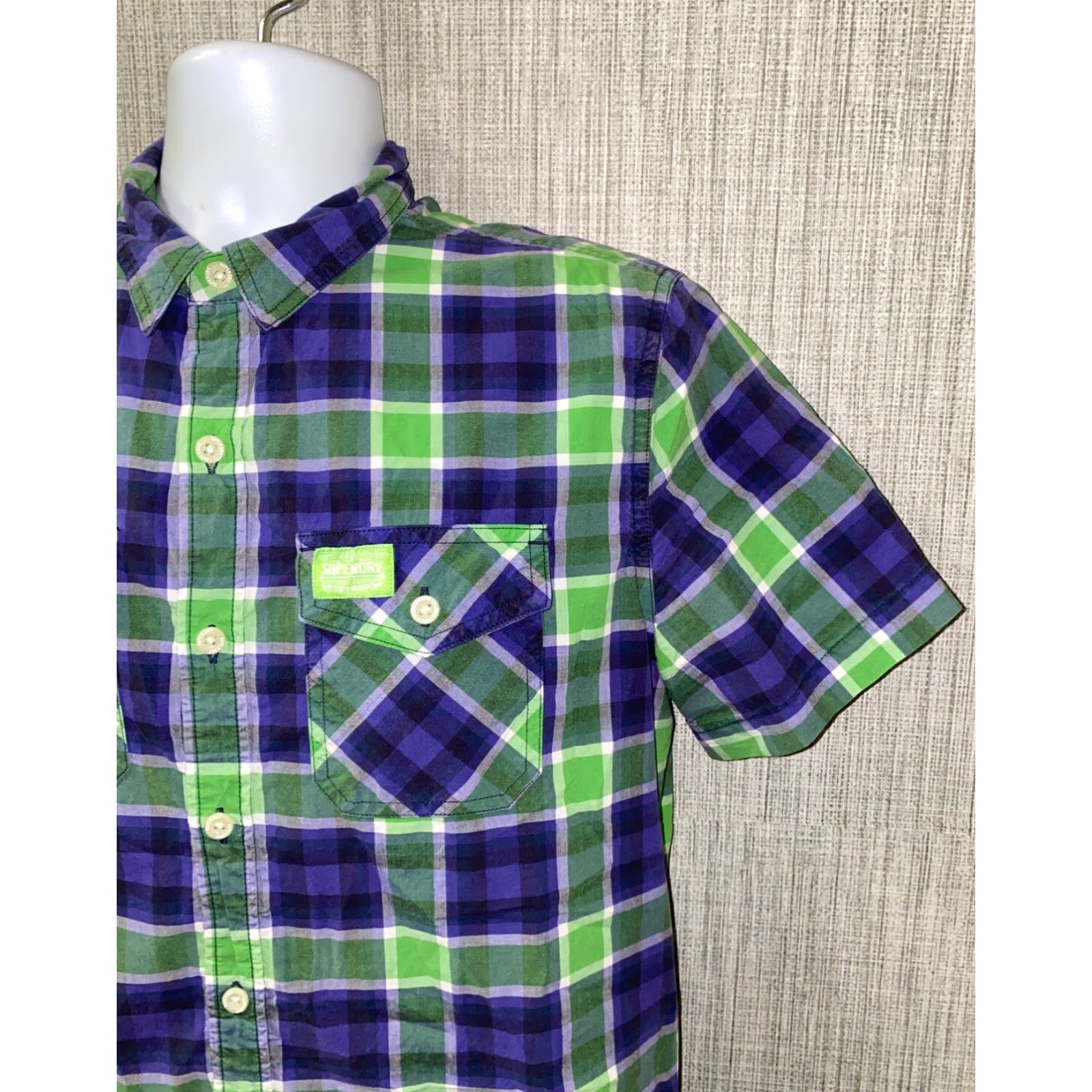 Superdry Superdry Shirt Men L Blue/Green Checkered Short Sleeve Button-Up Regular Collar Cotton Size US L / EU 52-54 / 3 - 2 Thumbnail