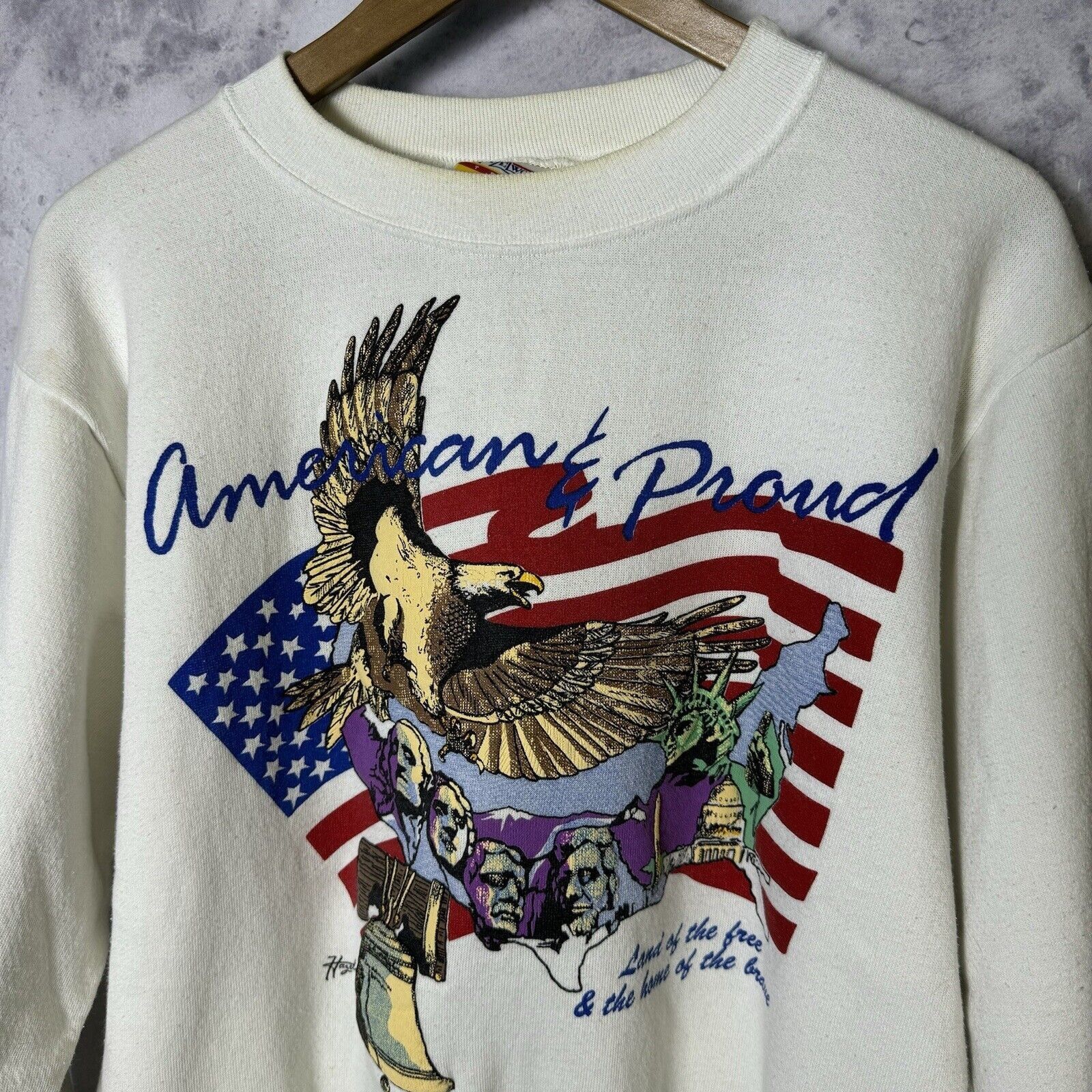 Vintage Vintage 90s American & Proud Sweatshirt Mens Large White Cre Size US L / EU 52-54 / 3 - 1 Thumbnail