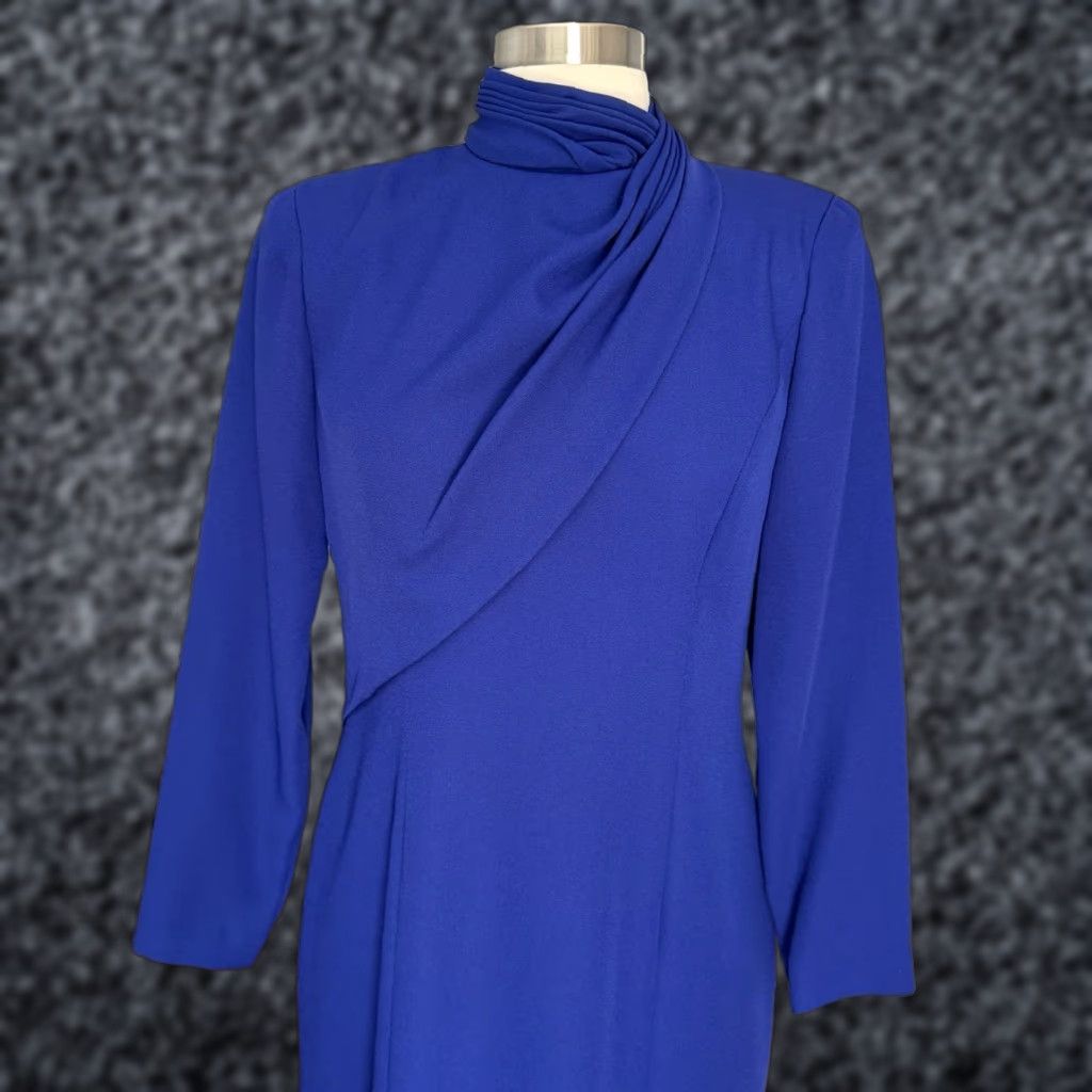 Vintage VINTAGE David Warren Drape Sheath Dress Blue 80s 90s 4P Petite Women Long Sleeve V-Neck Zip Size S / US 4 / IT 40 - 1 Thumbnail